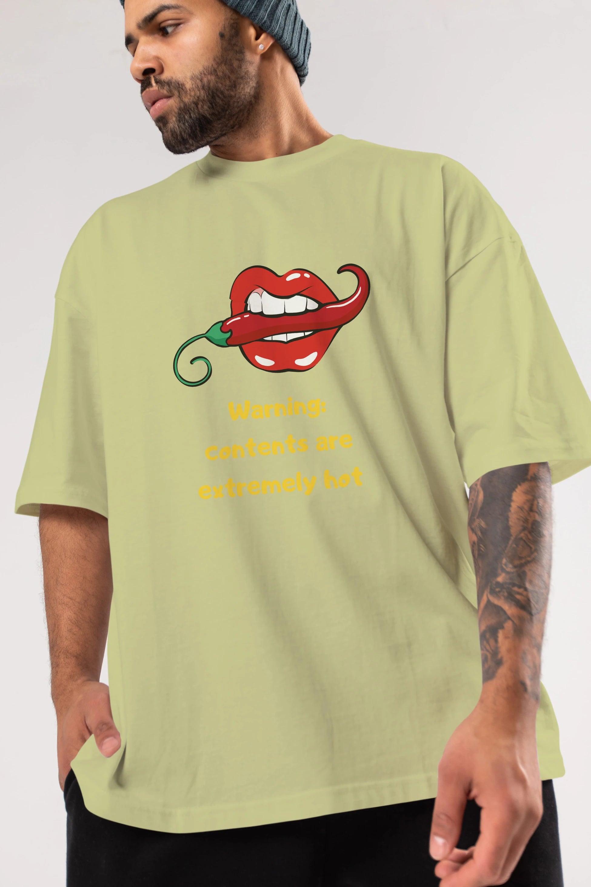 Warning Contents Yazılı Ön Baskılı Oversize t-shirt Erkek Kadın Unisex