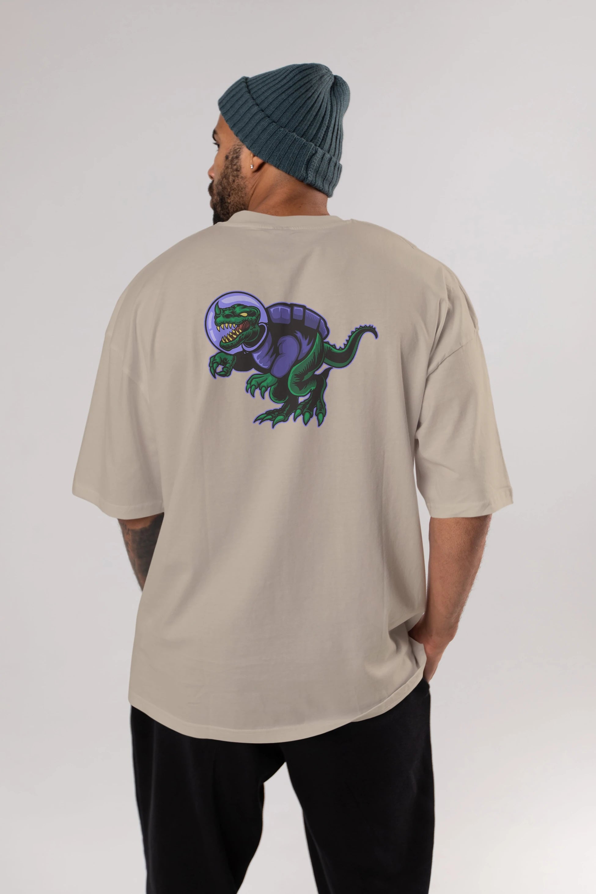 Space Dino Arka Baskılı Oversize t-shirt Erkek Kadın Unisex