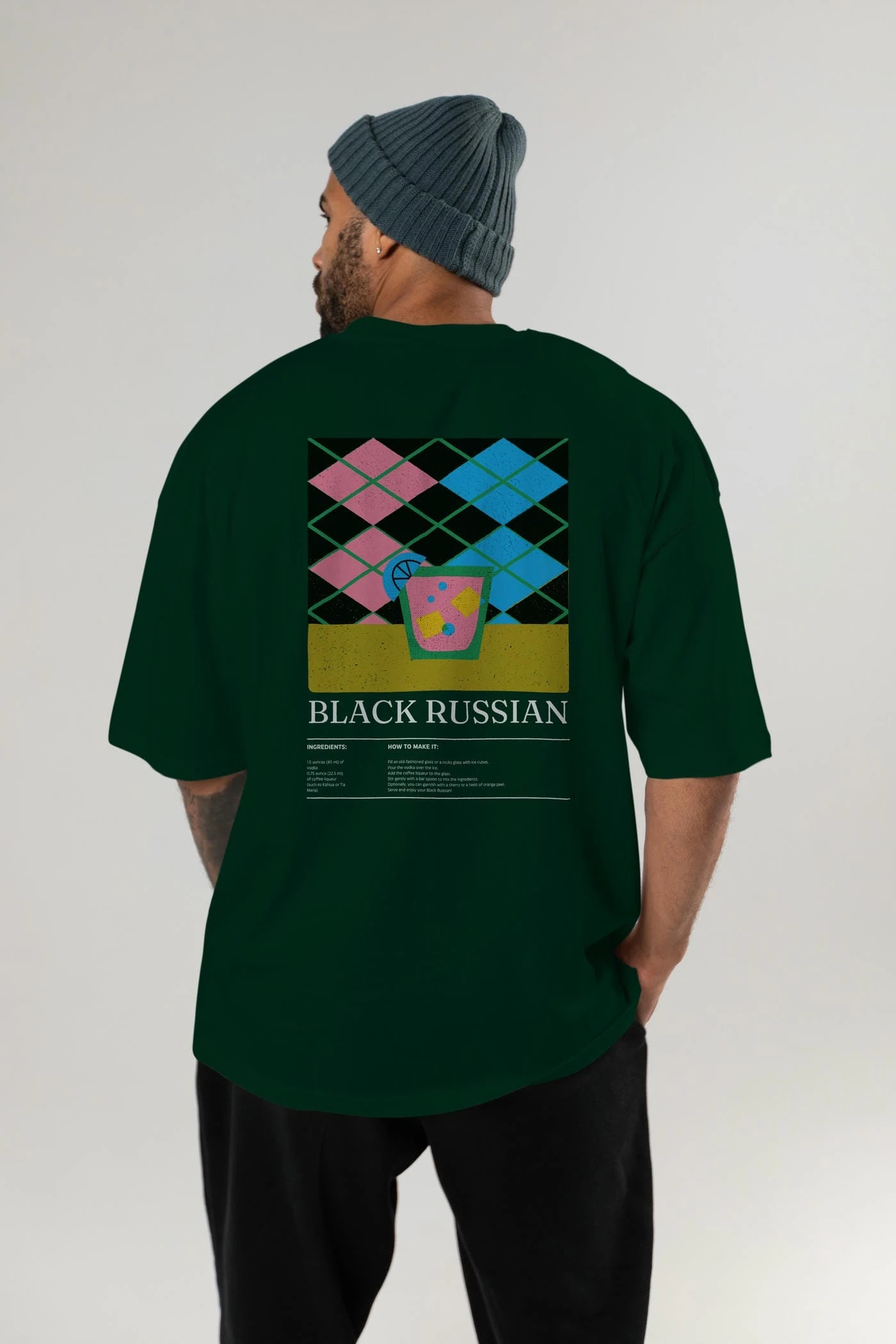 Black Russian Kokteyl Serisi Arka Baskılı Oversize t-shirt Erkek Kadın %100 Pamuk Bisiklet Yaka tişort