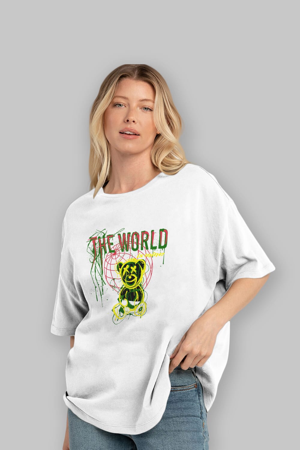 The World is Mine Bear Ön Baskılı Oversize t-shirt Erkek Kadın Unisex