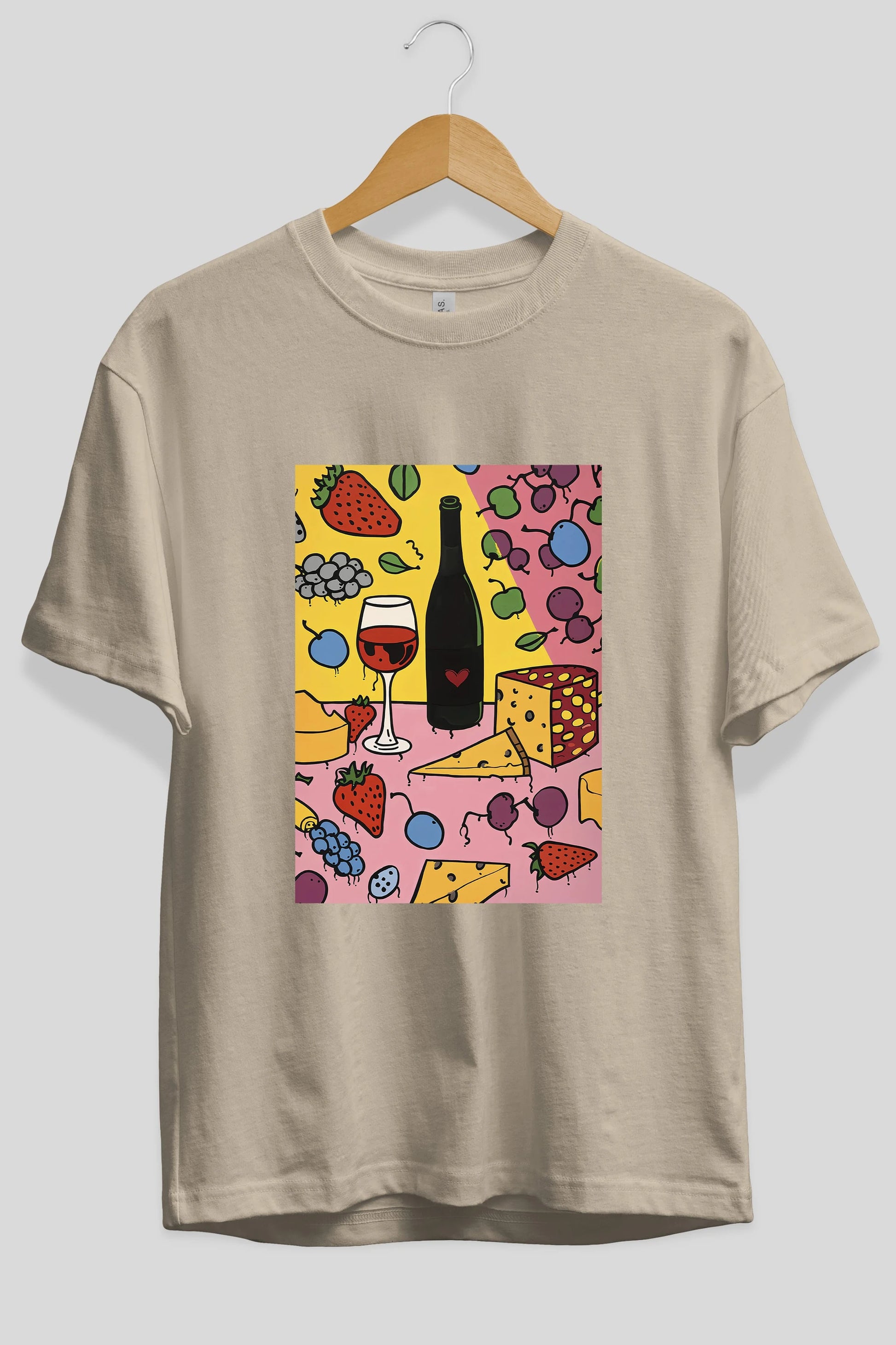 Wine Cheese Fruits Ön Baskılı Oversize t-shirt Erkek Kadın Unisex %100 Pamuk Bisiklet Yaka tişort
