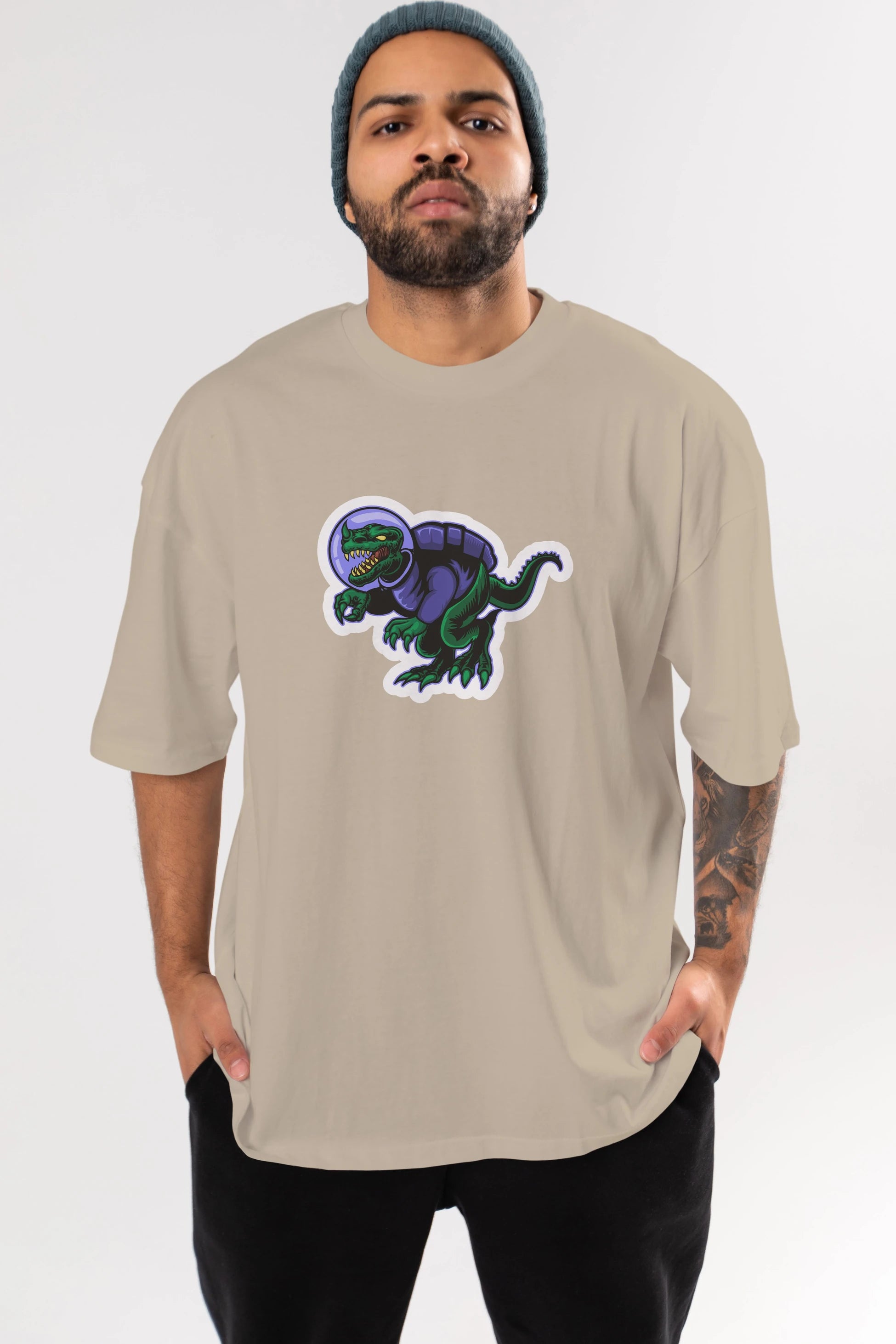 Space Dino Sticker Ön Baskılı Oversize t-shirt Erkek Kadın Unisex