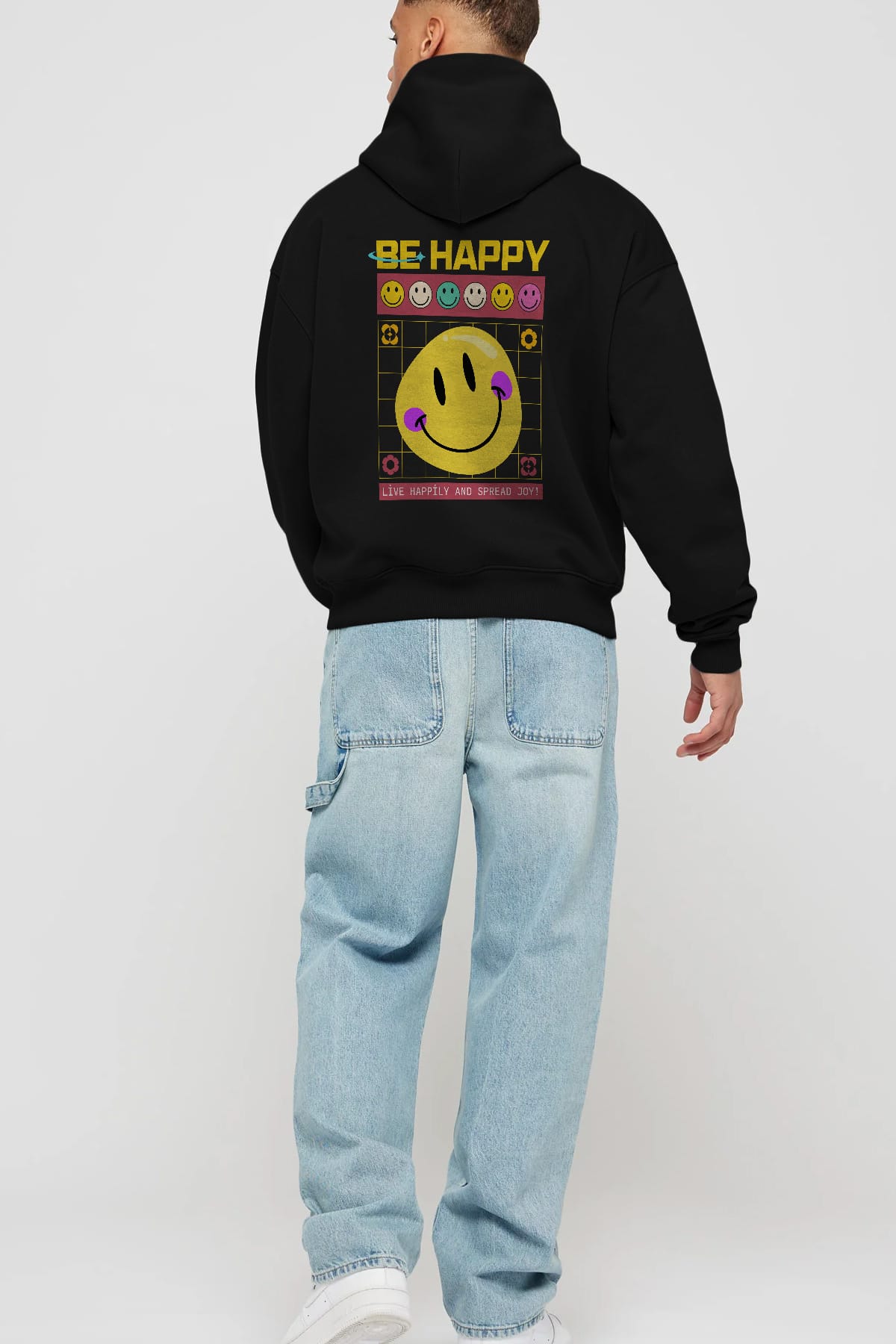 Be Happy Yazılı Arka Baskılı Oversize Hoodie Kapüşonlu Sweatshirt Erkek Kadın Unisex