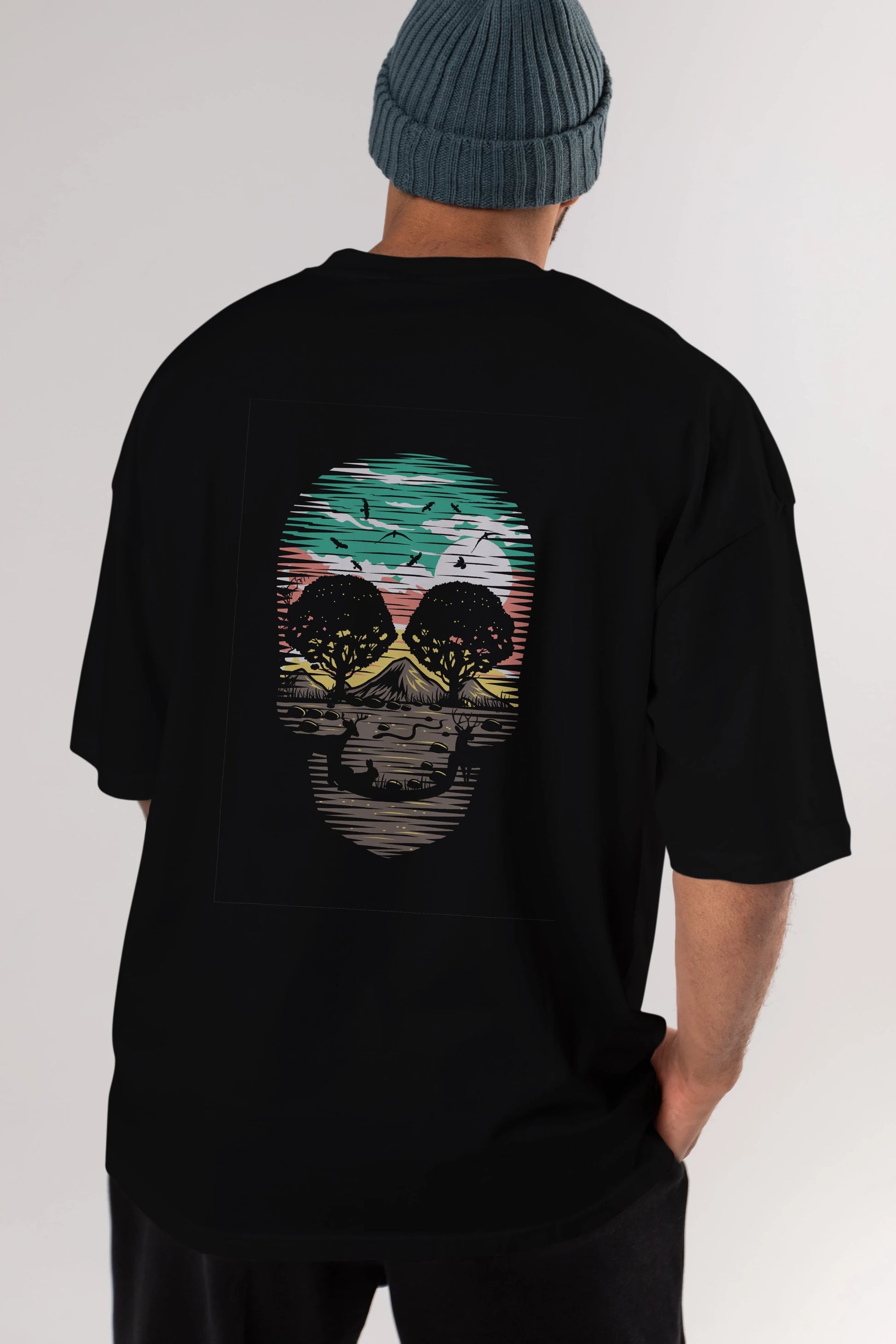 Skull Nature Arka Baskılı Oversize t-shirt %100 pamuk Erkek Kadın Unisex
