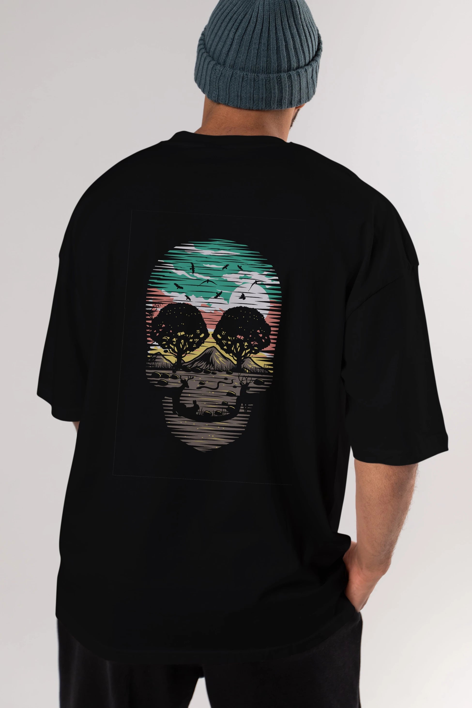 Skull Nature Arka Baskılı Oversize t-shirt %100 pamuk Erkek Kadın Unisex