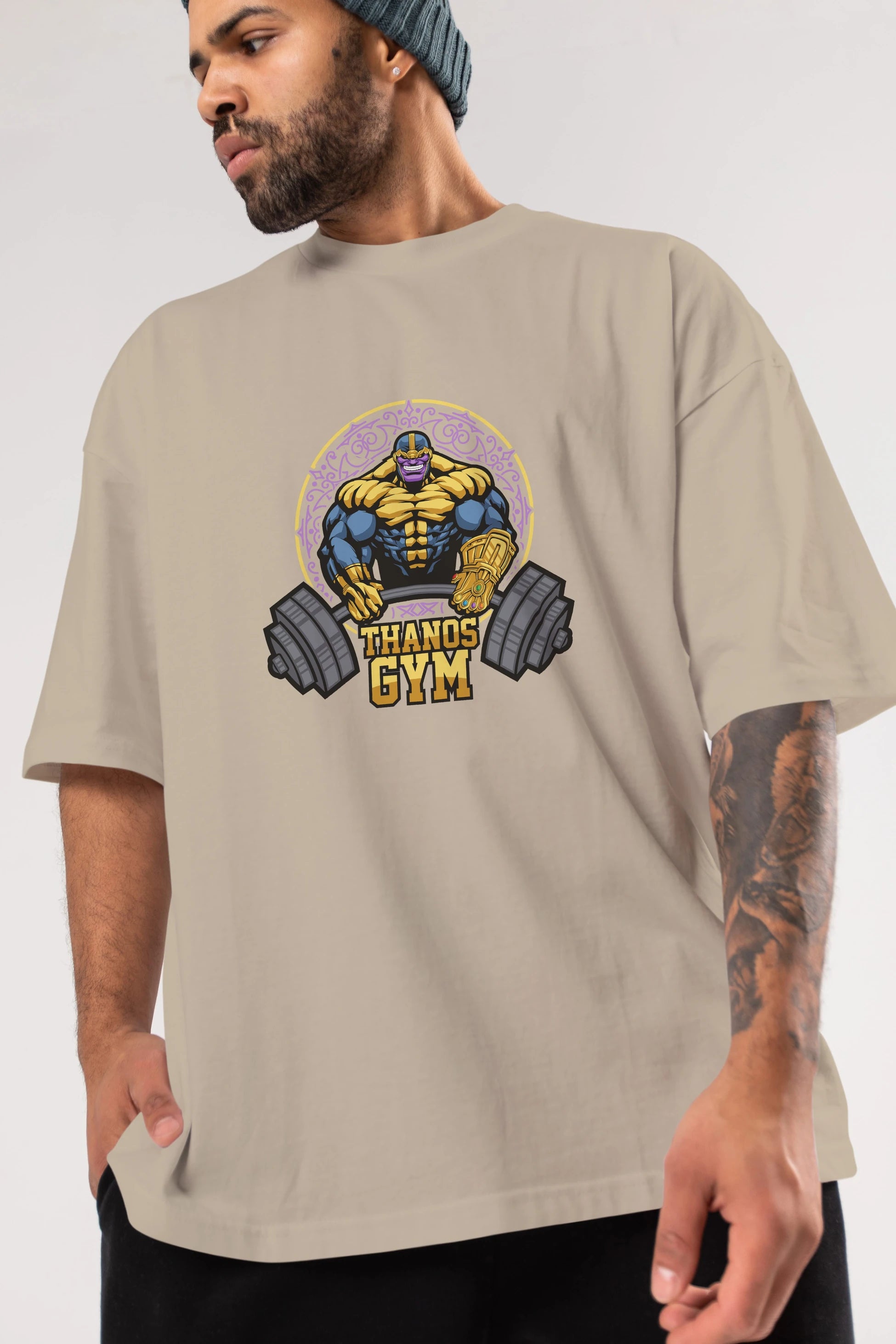 Thanos GYM Ön Baskılı Oversize t-shirt Erkek Kadın Unisex %100 Pamuk Bisiklet Yaka tişort