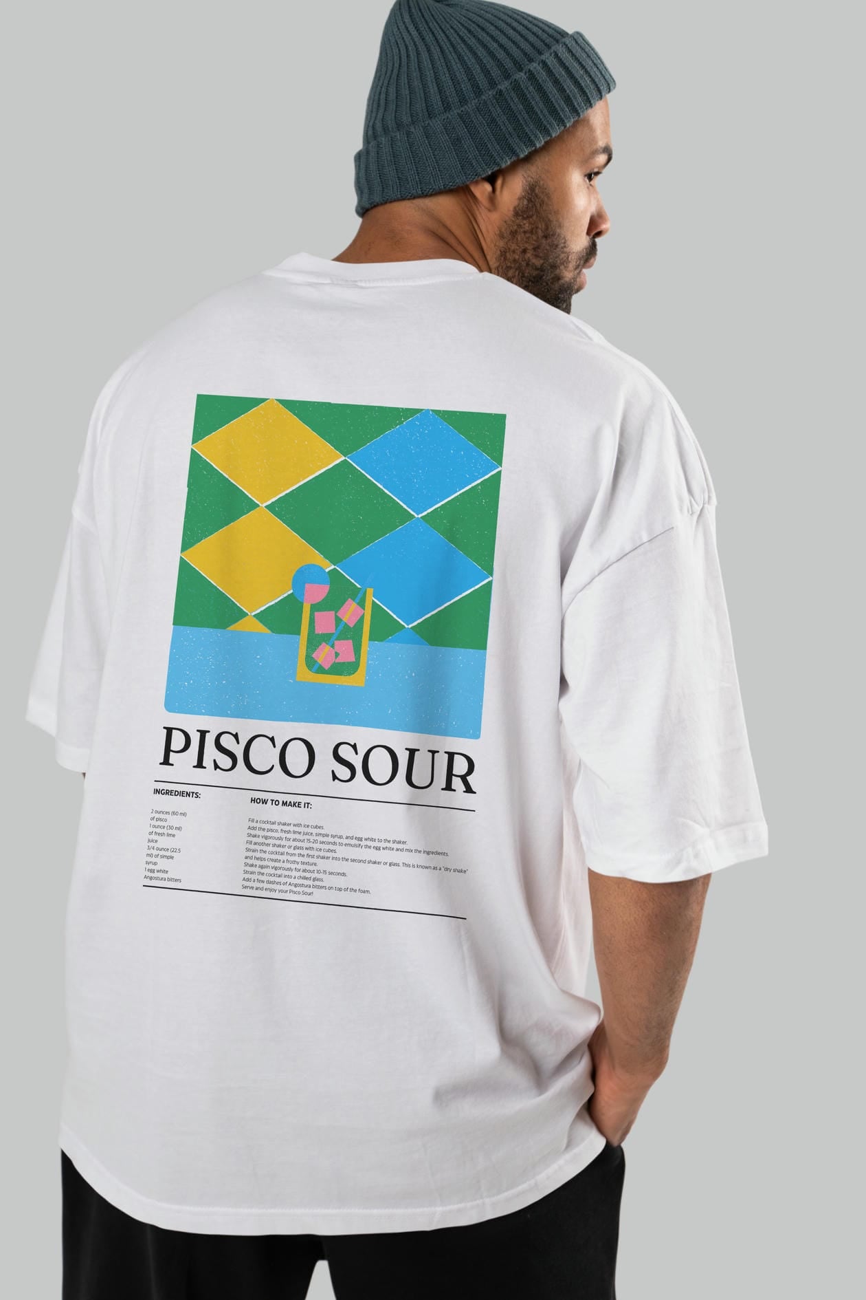 Pisco Sour Kokteyl Serisi Arka Baskılı Oversize t-shirt Erkek Kadın %100 Pamuk Bisiklet Yaka tişort