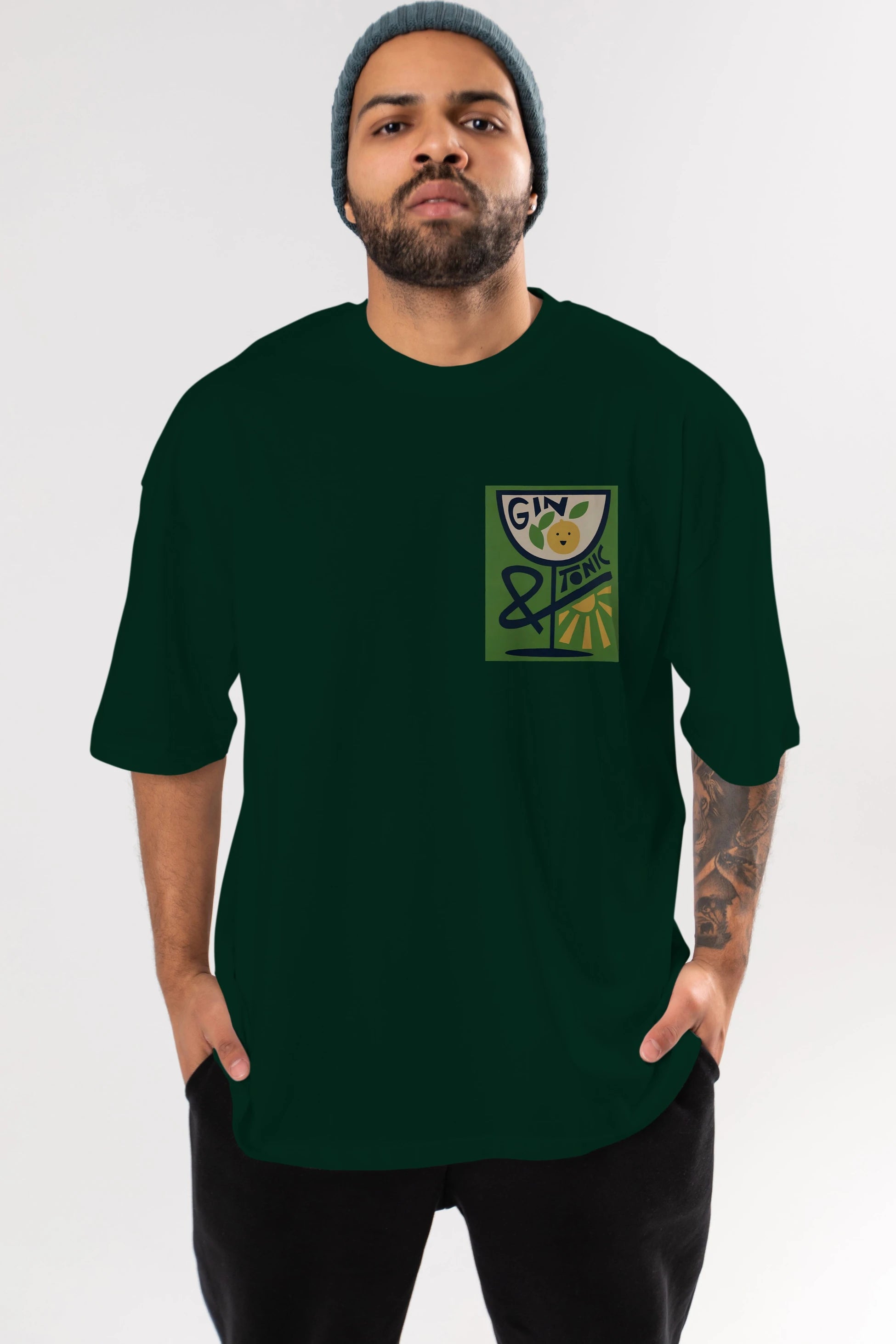 Gin Tonic 3 Ön Sol Baskılı Oversize t-shirt Erkek Kadın Unisex %100 Pamuk Bisiklet Yaka tişort