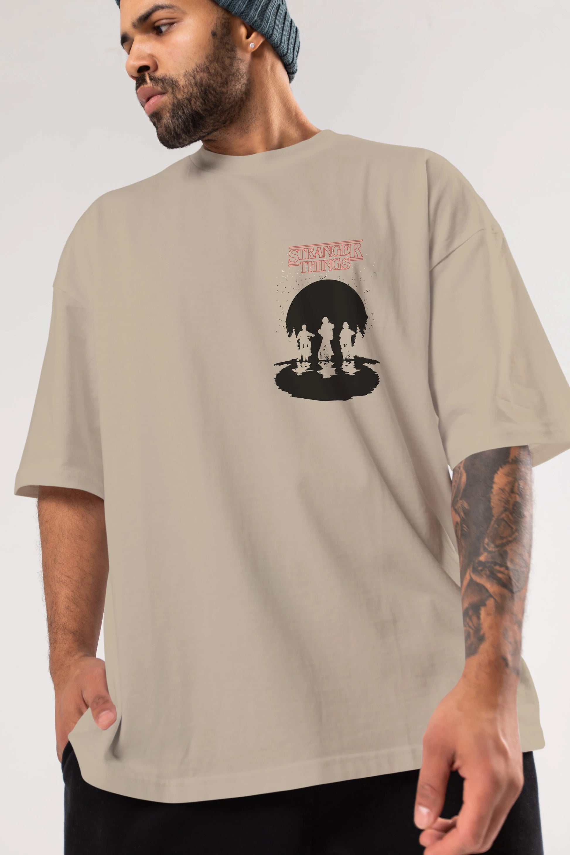 Stranger Things Ön Sol Baskılı Oversize t-shirt Erkek Kadın Unisex %100 Pamuk Bisiklet Yaka tişort