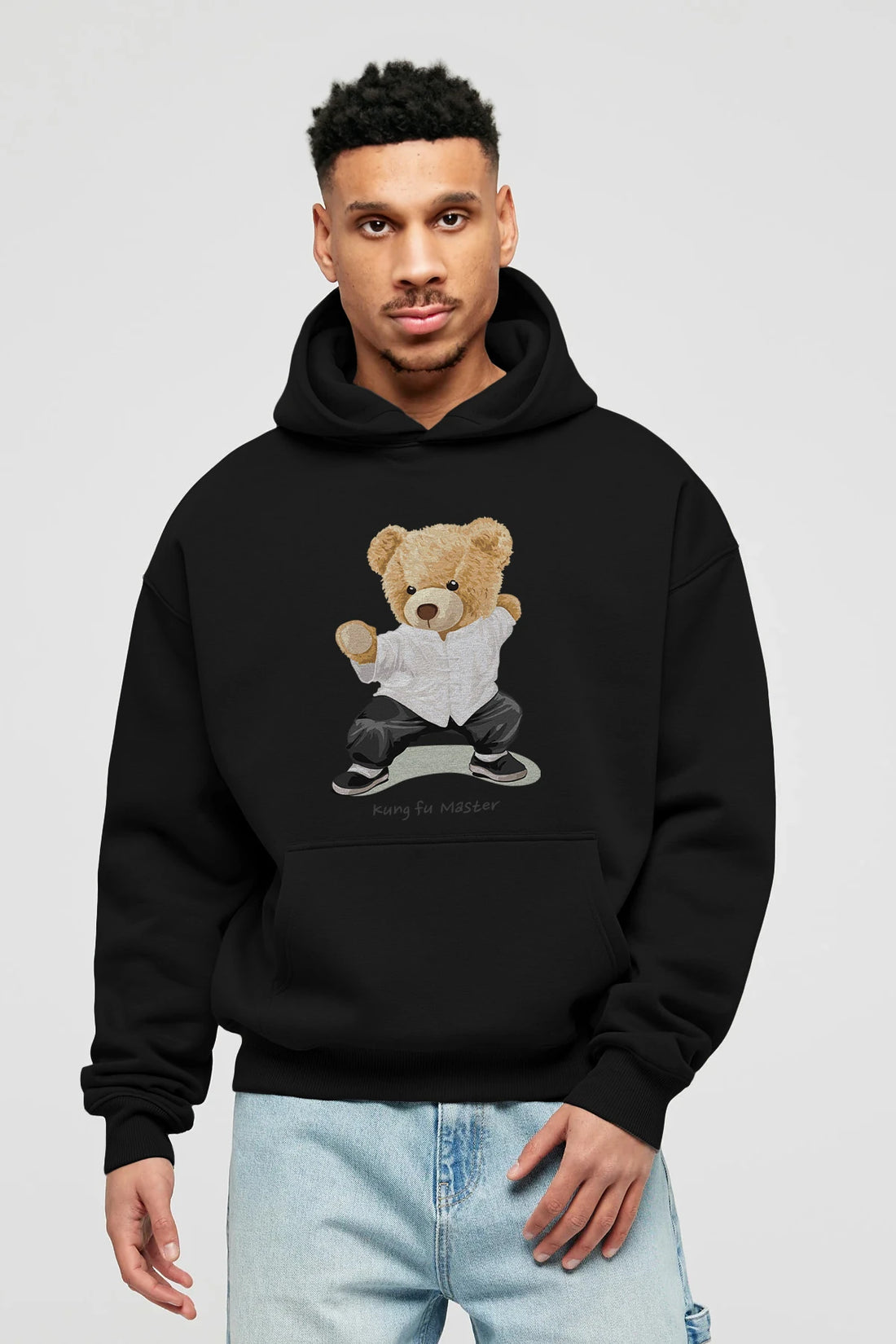 Teddy Bear Kung Fu Master Ön Baskılı Hoodie Oversize Kapüşonlu Sweatshirt Erkek Kadın Unisex