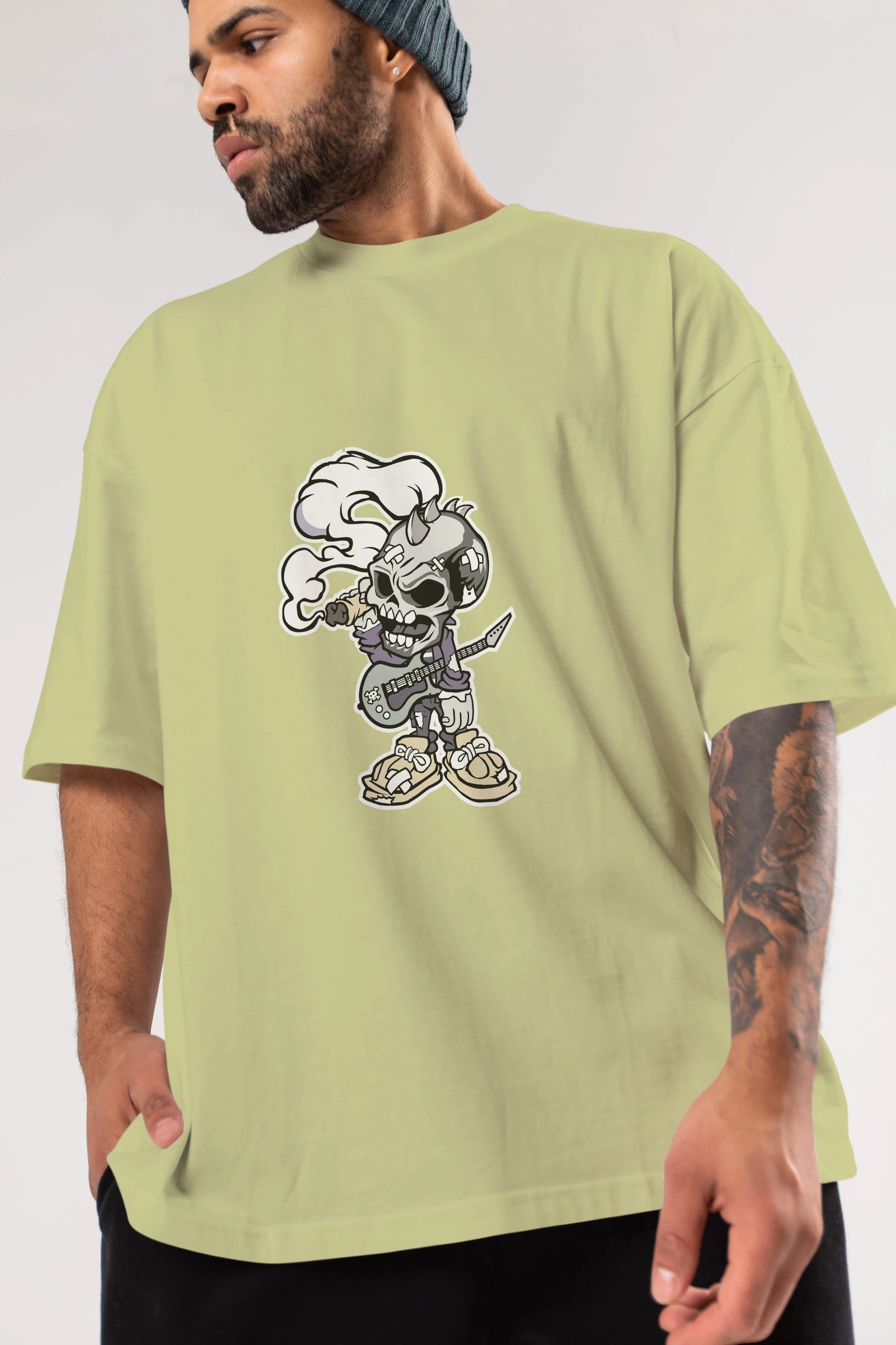 Skull Smoker Punk Rocker Ön Baskılı Oversize t-shirt Erkek Kadın Unisex %100 Pamuk tişort