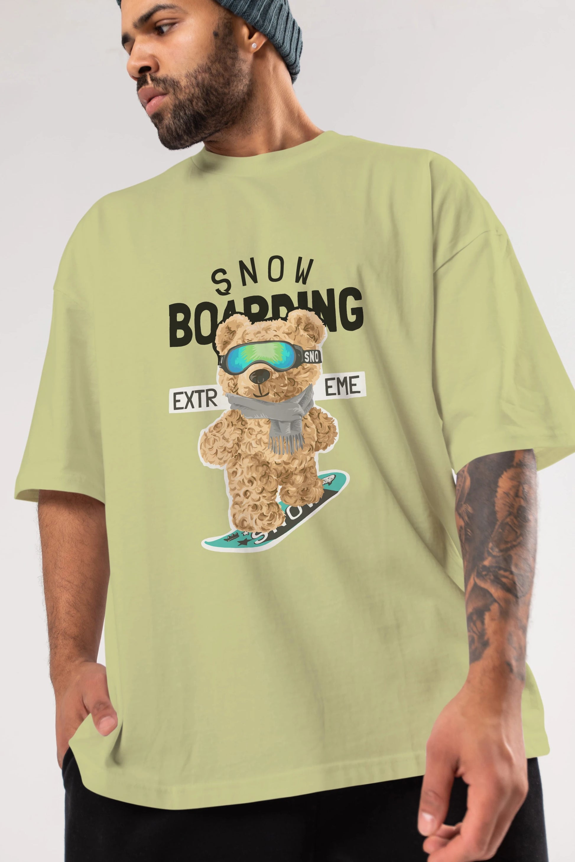 Teddy Bear Snow Boarding Ön Baskılı Oversize t-shirt Erkek Kadın Unisex %100 Pamuk