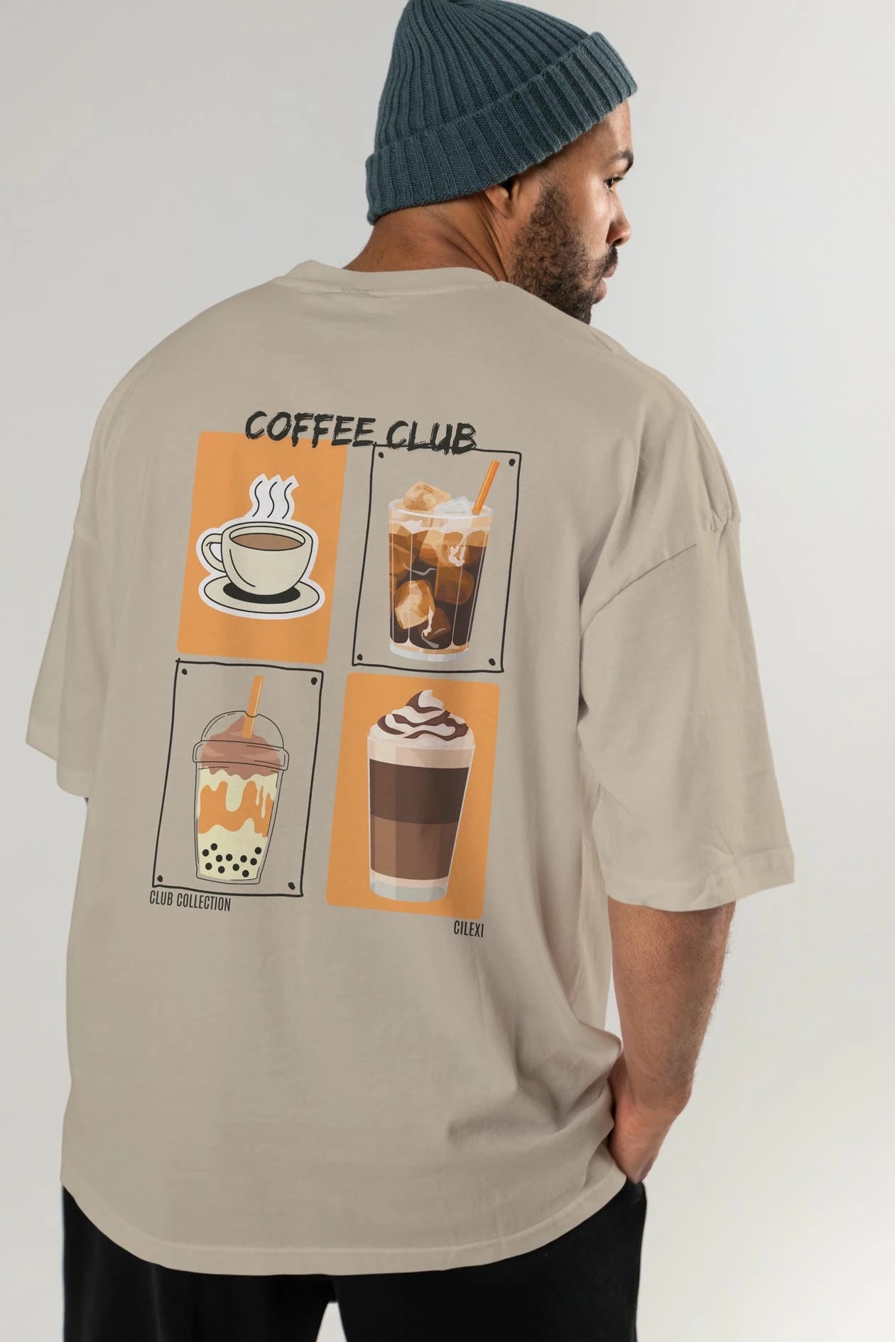 Coffee Club Arka Baskılı Oversize t-shirt Erkek Kadın %100 Pamuk Bisiklet Yaka tişort