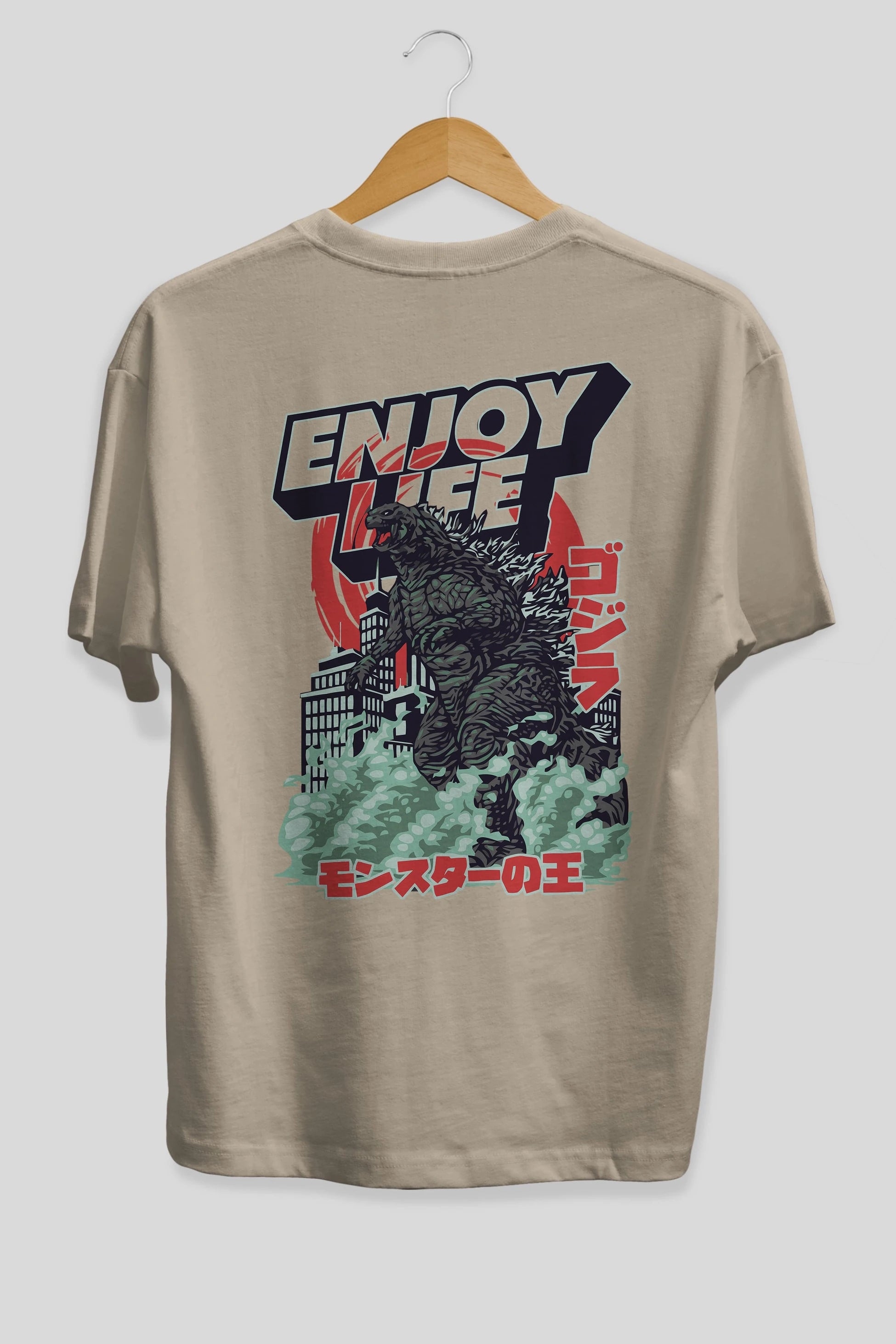 Godzilla Arka Baskılı Oversize t-shirt Erkek Kadın Unisex %100 Pamuk Bisiklet Yaka tişort