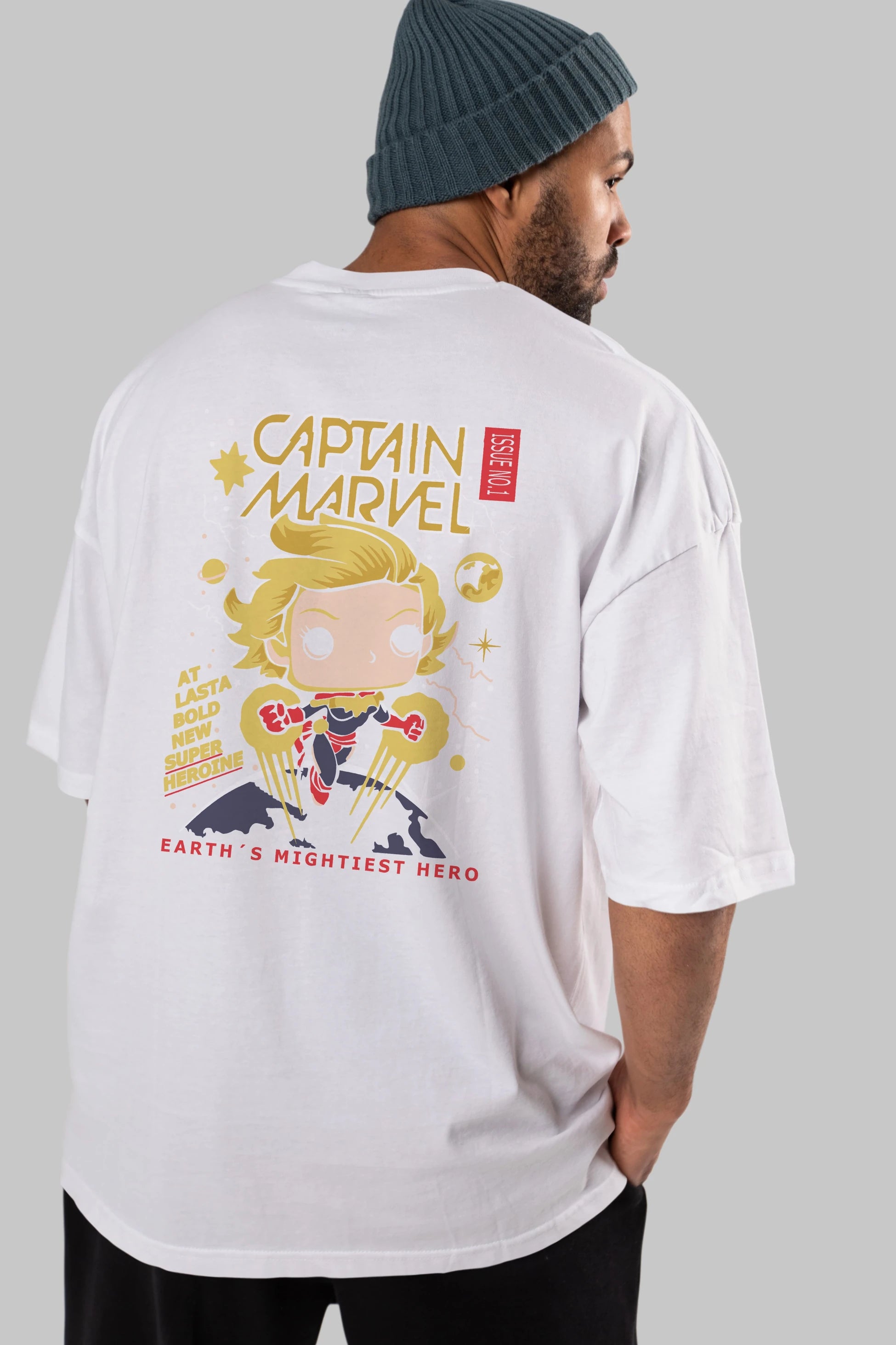 Captain Marvel Arka Baskılı Oversize t-shirt Erkek Kadın Unisex %100 Pamuk Bisiklet Yaka tişort