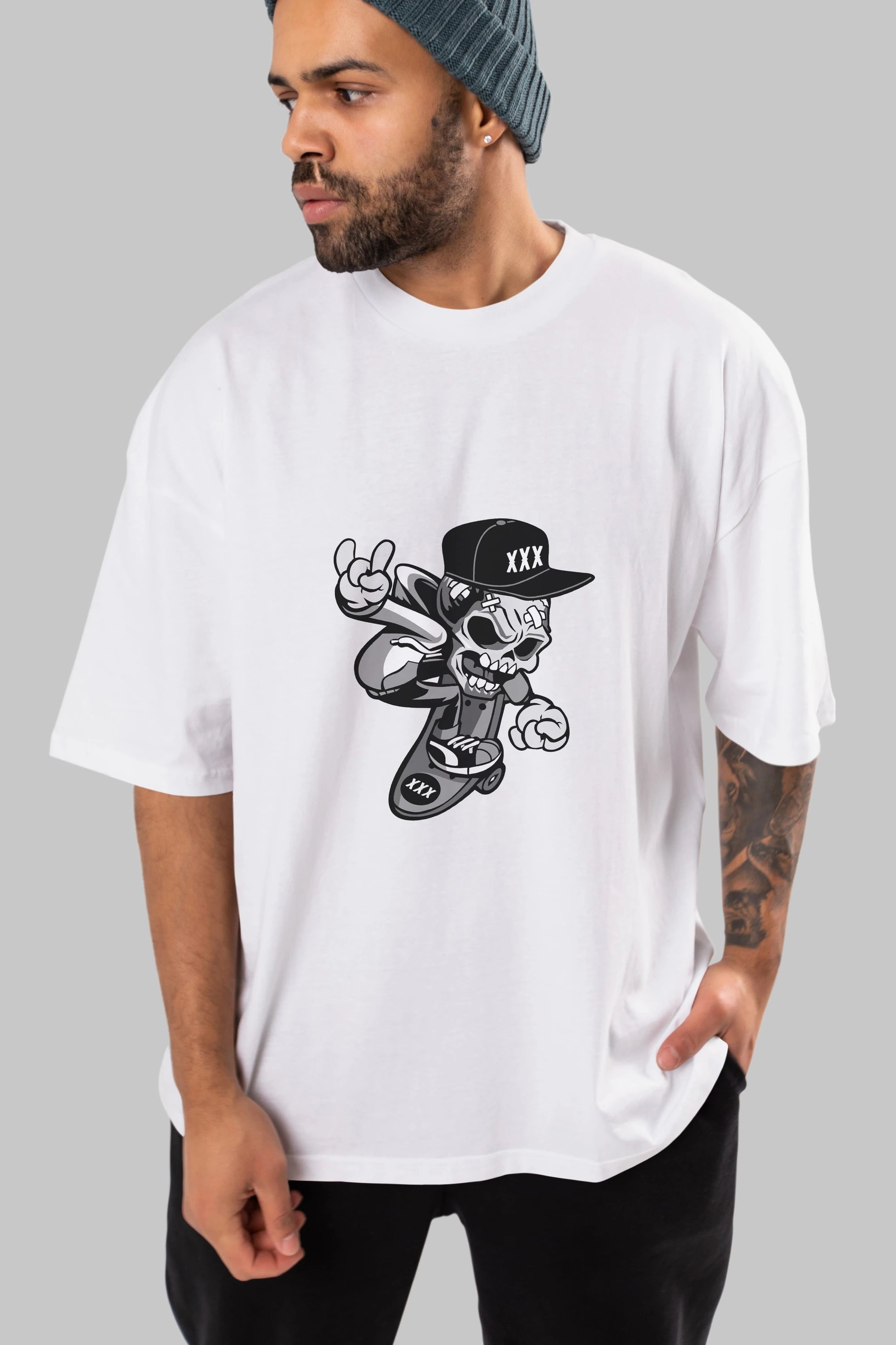 Skull Skateboard Ön Baskılı Oversize t-shirt Erkek Kadın Unisex %100 Pamuk tişort