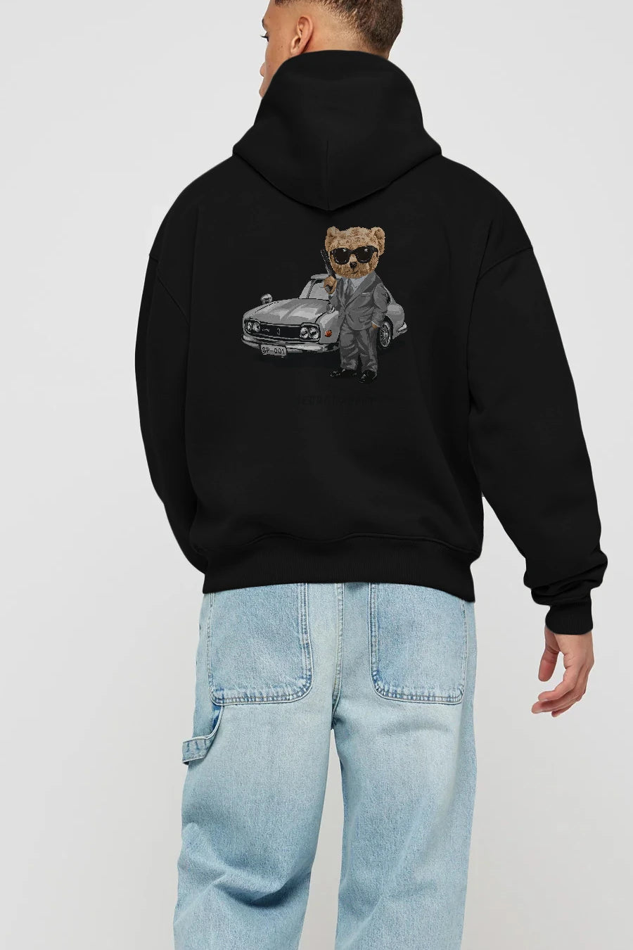 Teddy Bear The Secret Agent Arka Baskılı Hoodie Oversize Kapüşonlu Sweatshirt Erkek Kadın Unisex