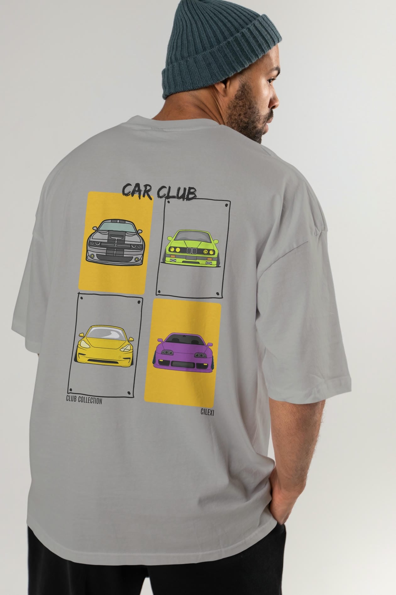 Car Club Arka Baskılı Oversize t-shirt Erkek Kadın %100 Pamuk Bisiklet Yaka tişort