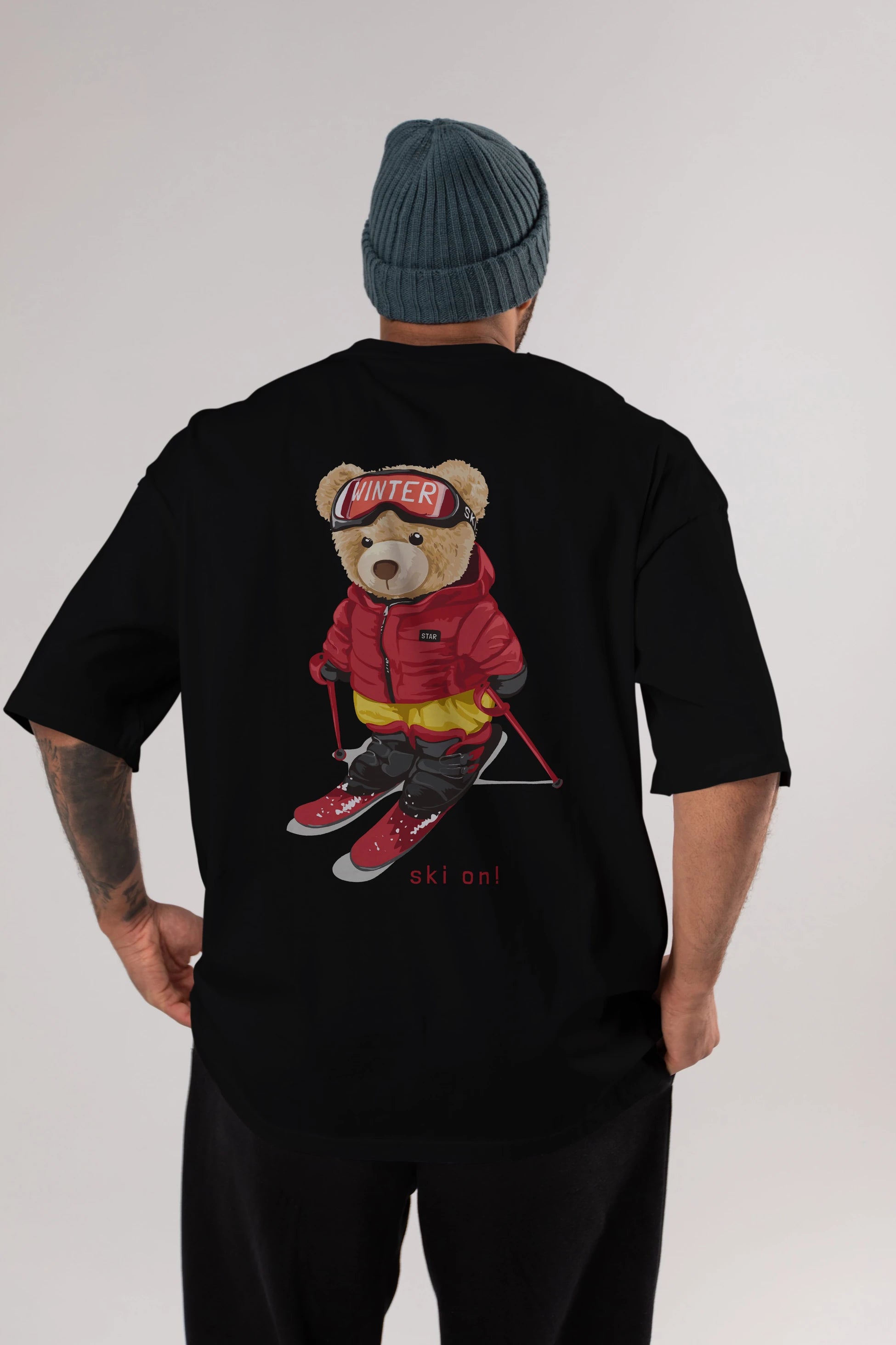 Teddy Bear Ski On Arka Baskılı Oversize t-shirt Erkek Kadın Unisex %100 Pamuk