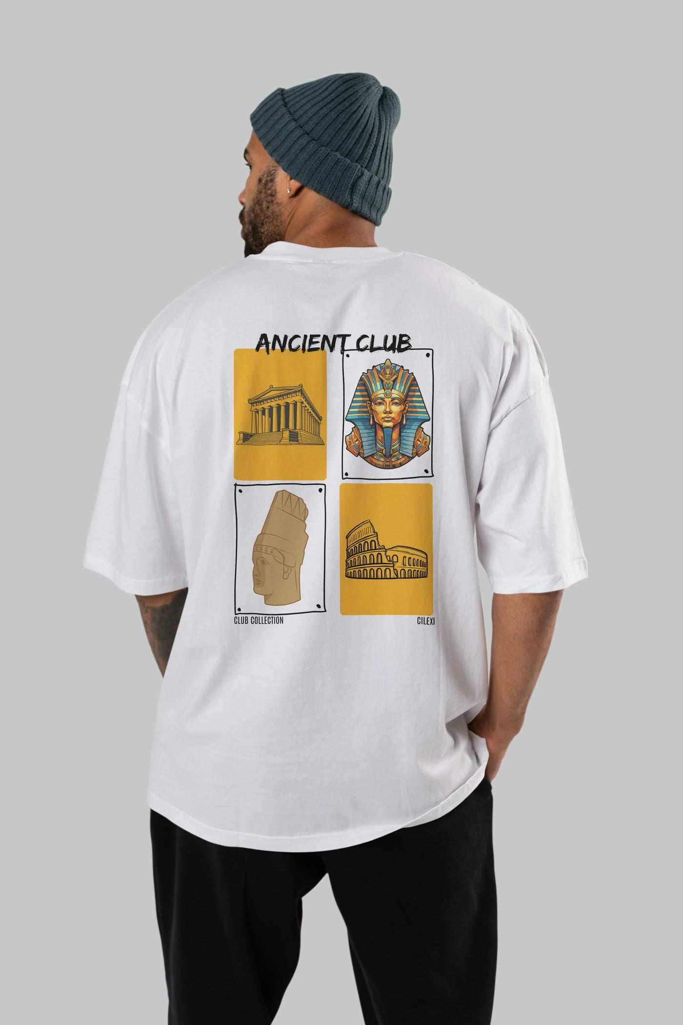 Ancient Club Arka Baskılı Oversize t-shirt Erkek Kadın %100 Pamuk Bisiklet Yaka tişort