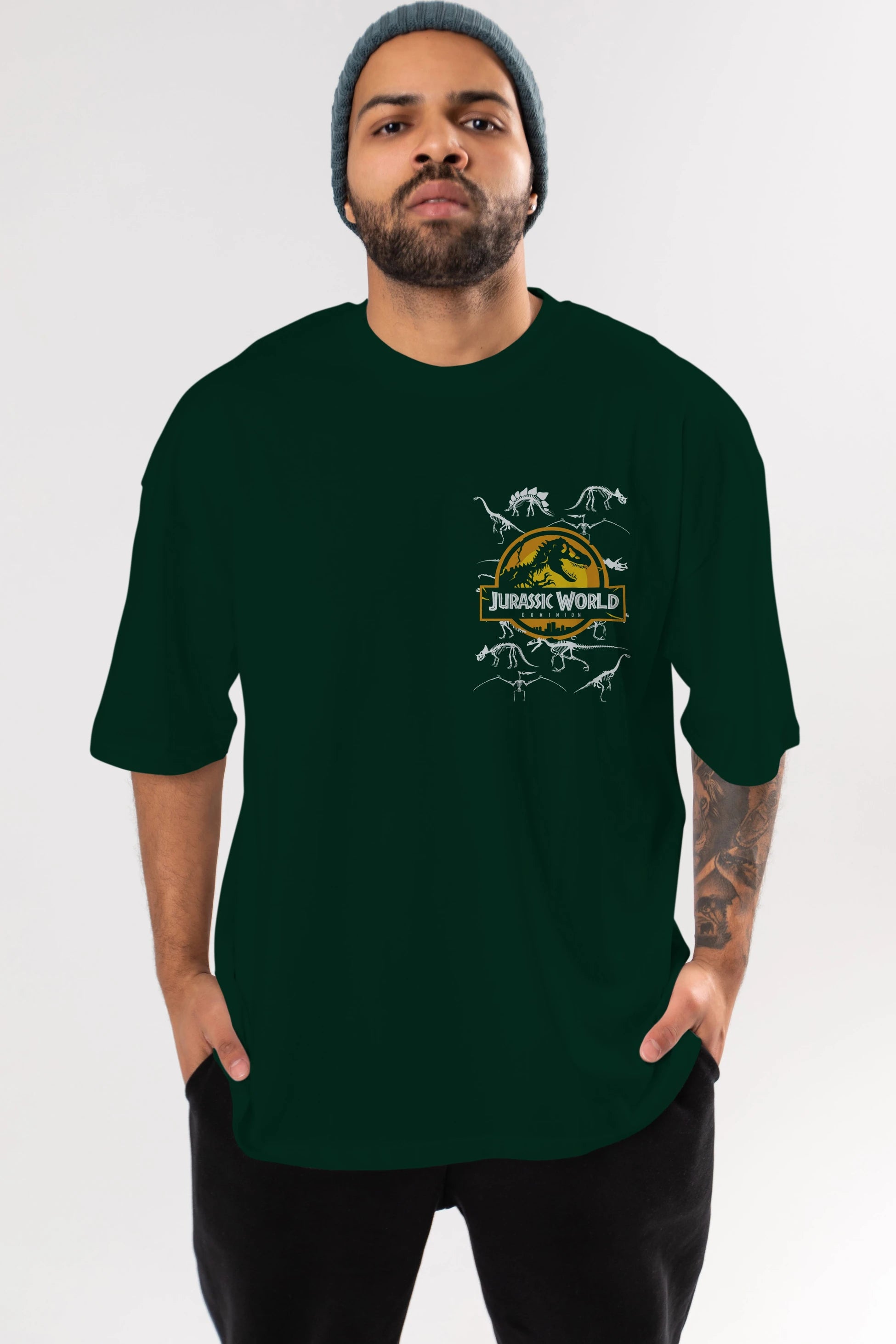 Jurassic Park (5) Ön Sol Baskılı Oversize t-shirt Erkek Kadın Unisex %100 Pamuk Bisiklet Yaka tişort