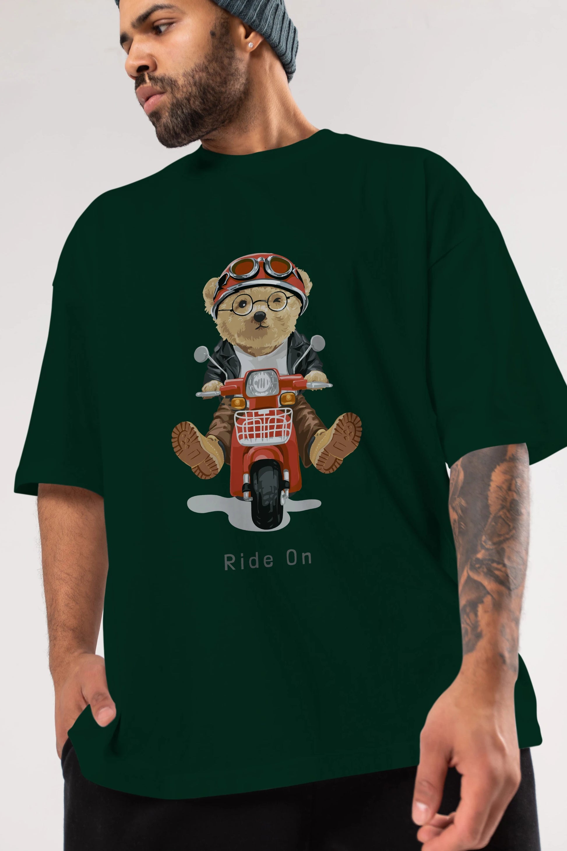 Teddy Bear Ride On Ön Baskılı Oversize t-shirt Erkek Kadın Unisex %100 Pamuk