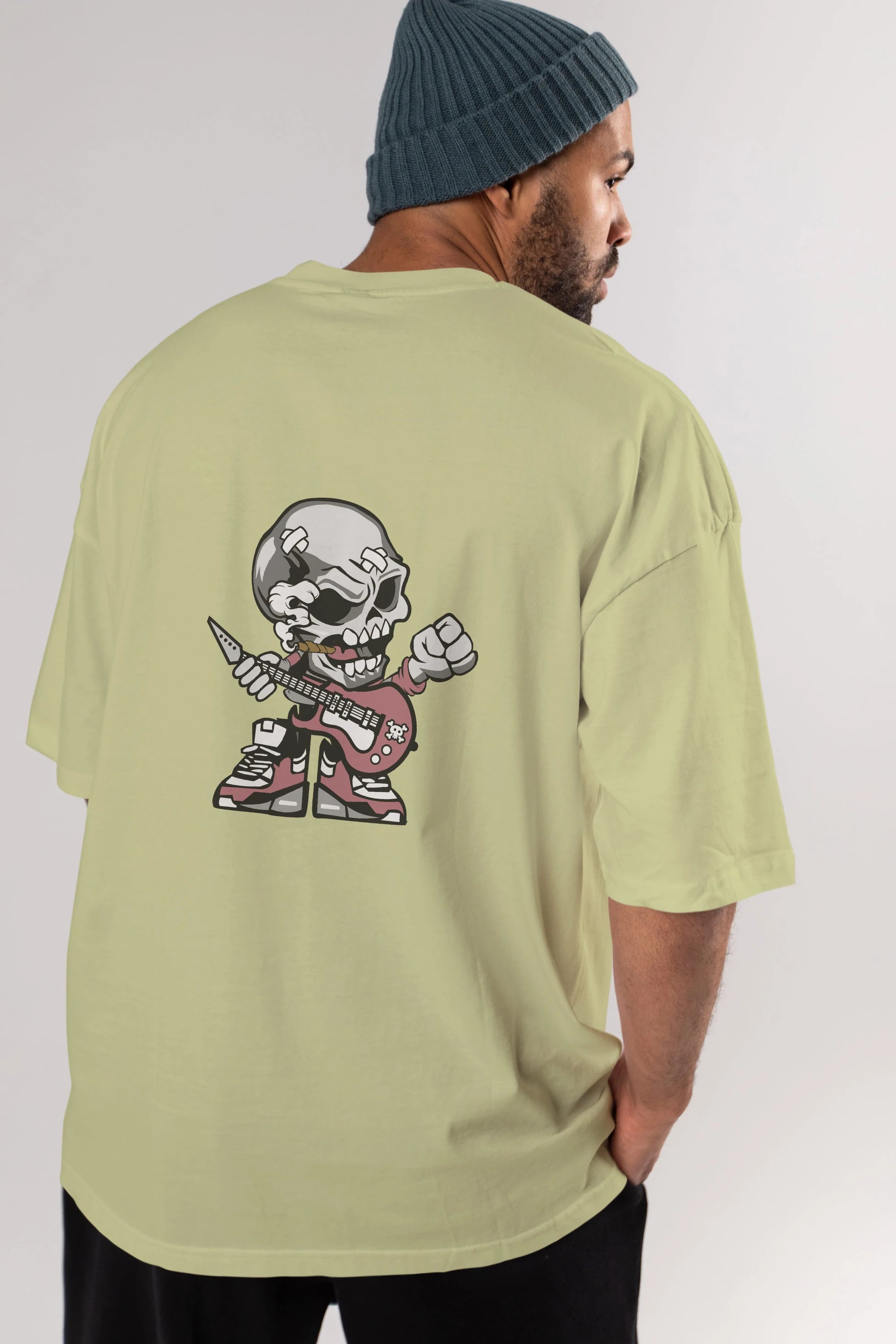 Skull Rockstar Arka Baskılı Oversize t-shirt Erkek Kadın Unisex %100 Pamuk tişort