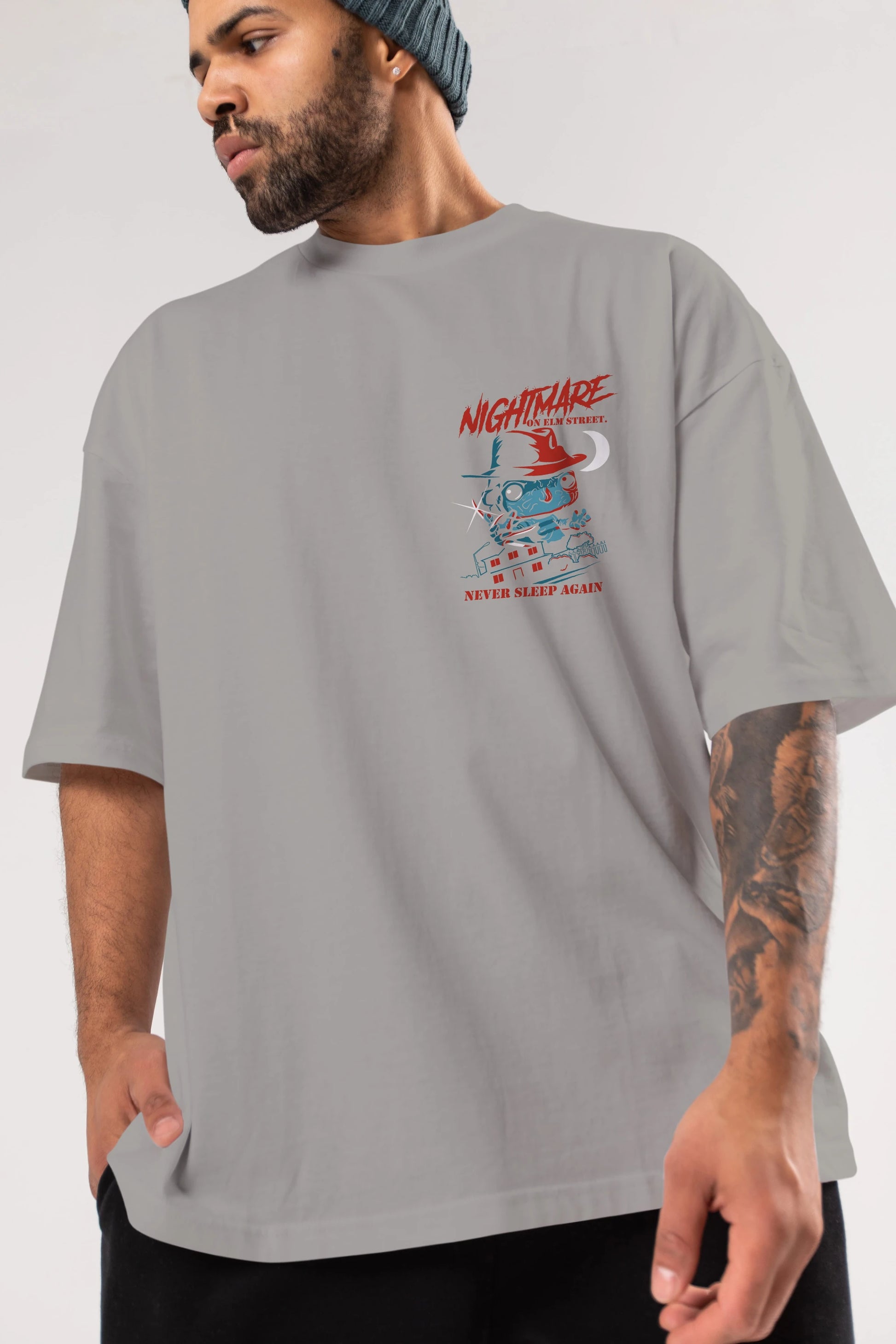Nightmare Elm Sokağı Ön Sol Baskılı Oversize t-shirt Erkek Kadın Unisex %100 Pamuk Bisiklet Yaka tişort