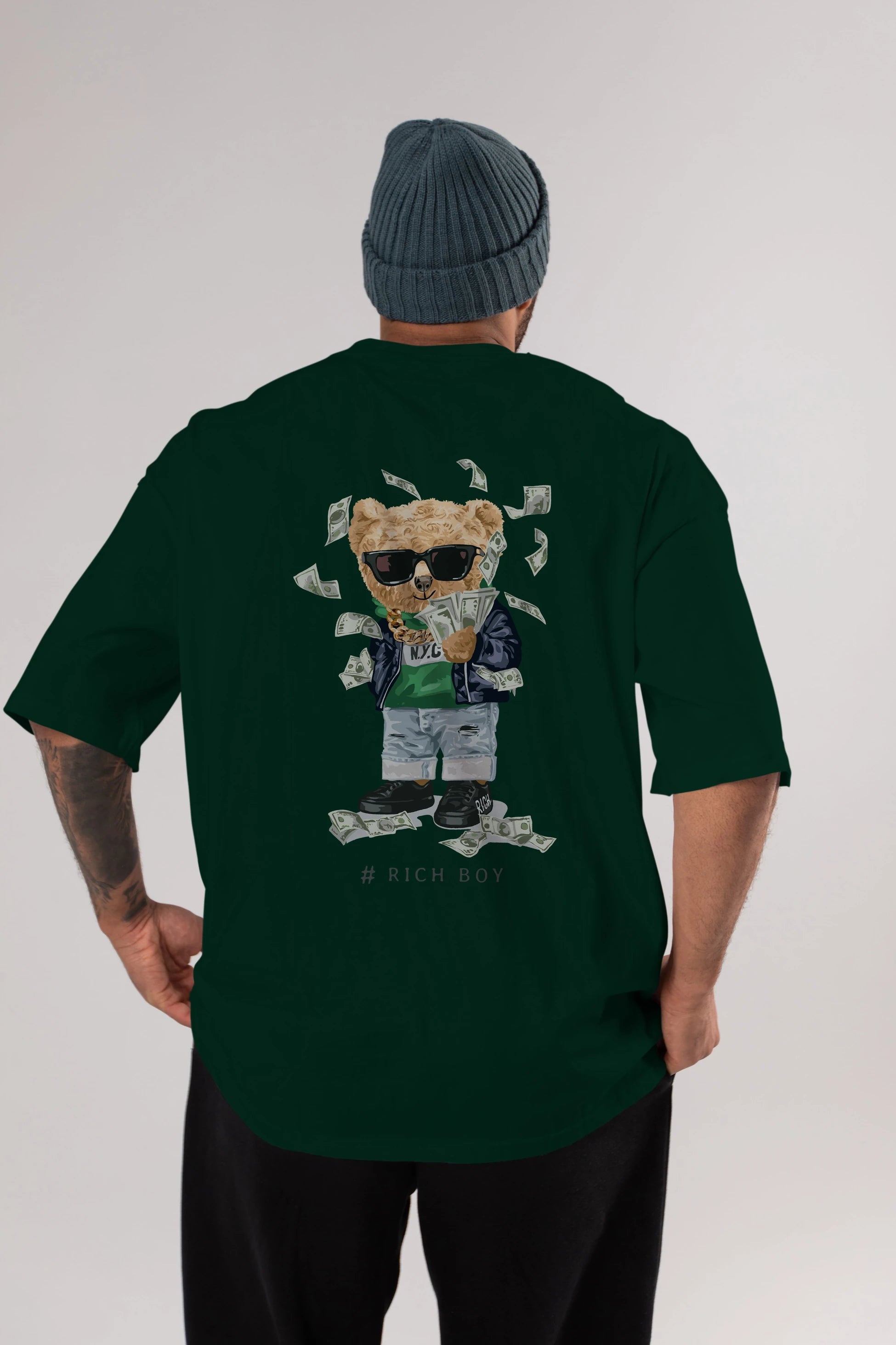 Teddy Bear Rich Boy Arka Baskılı Oversize t-shirt Erkek Kadın Unisex %100 Pamuk