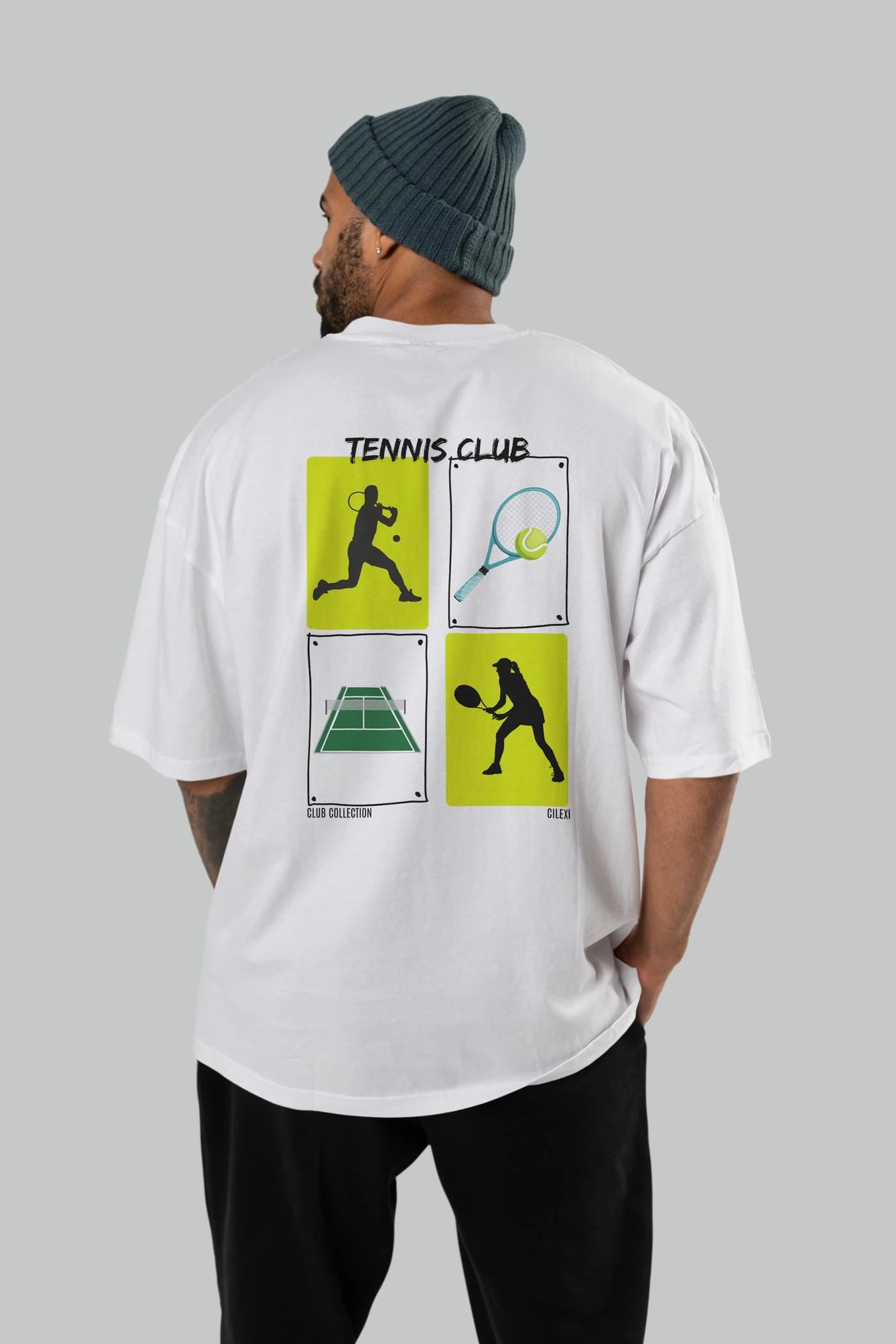 Tennis Club Arka Baskılı Oversize t-shirt Erkek Kadın %100 Pamuk Bisiklet Yaka tişort