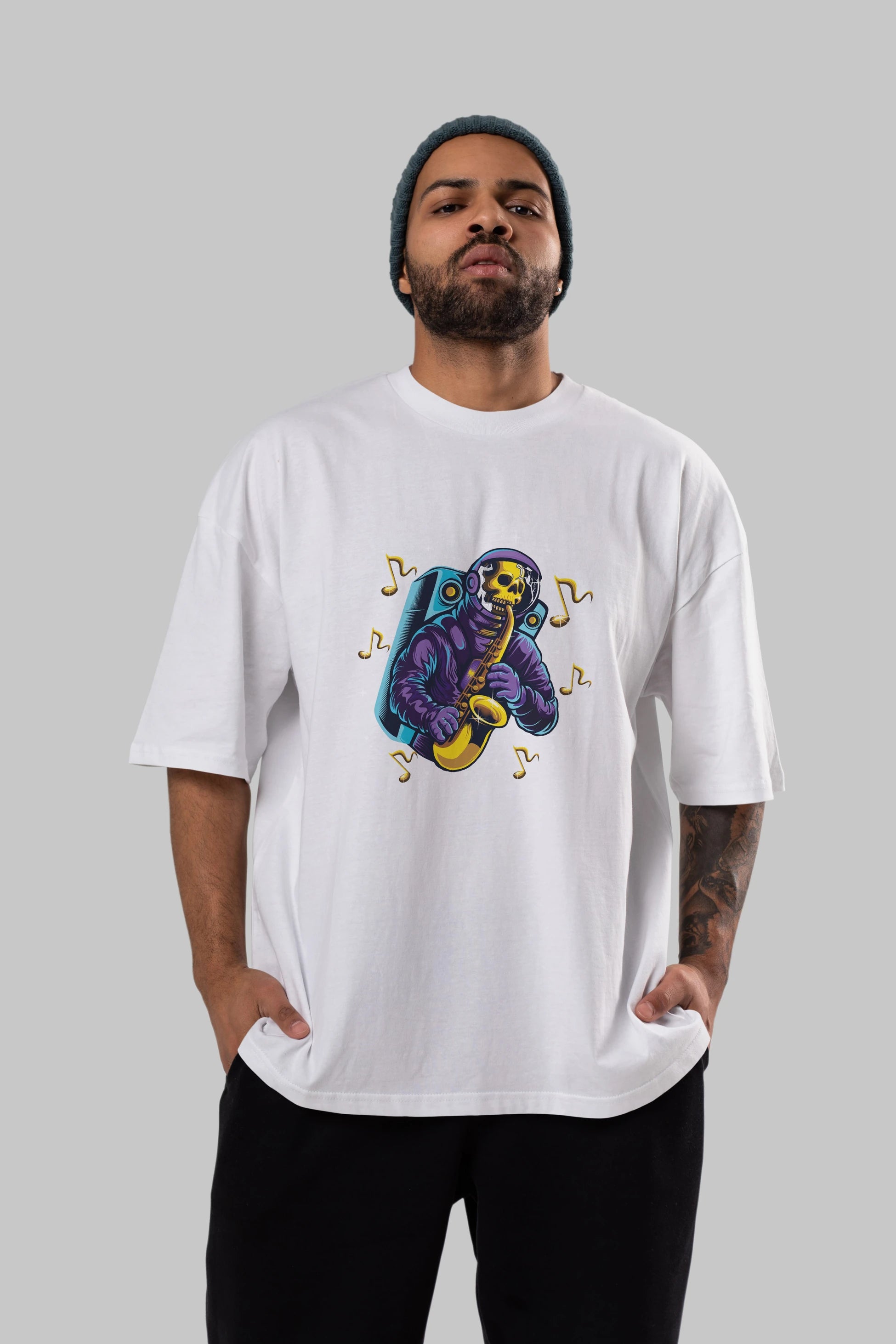 Astroskull Saxophonist Ön Baskılı Oversize t-shirt Erkek Kadın Unisex