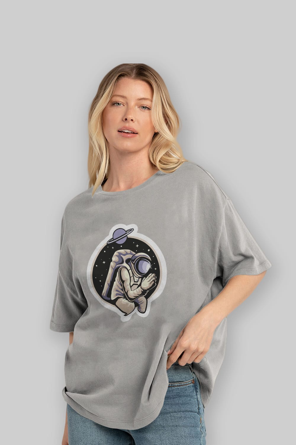 Astronaut Praying Sticker Ön Baskılı Oversize t-shirt Erkek Kadın Unisex