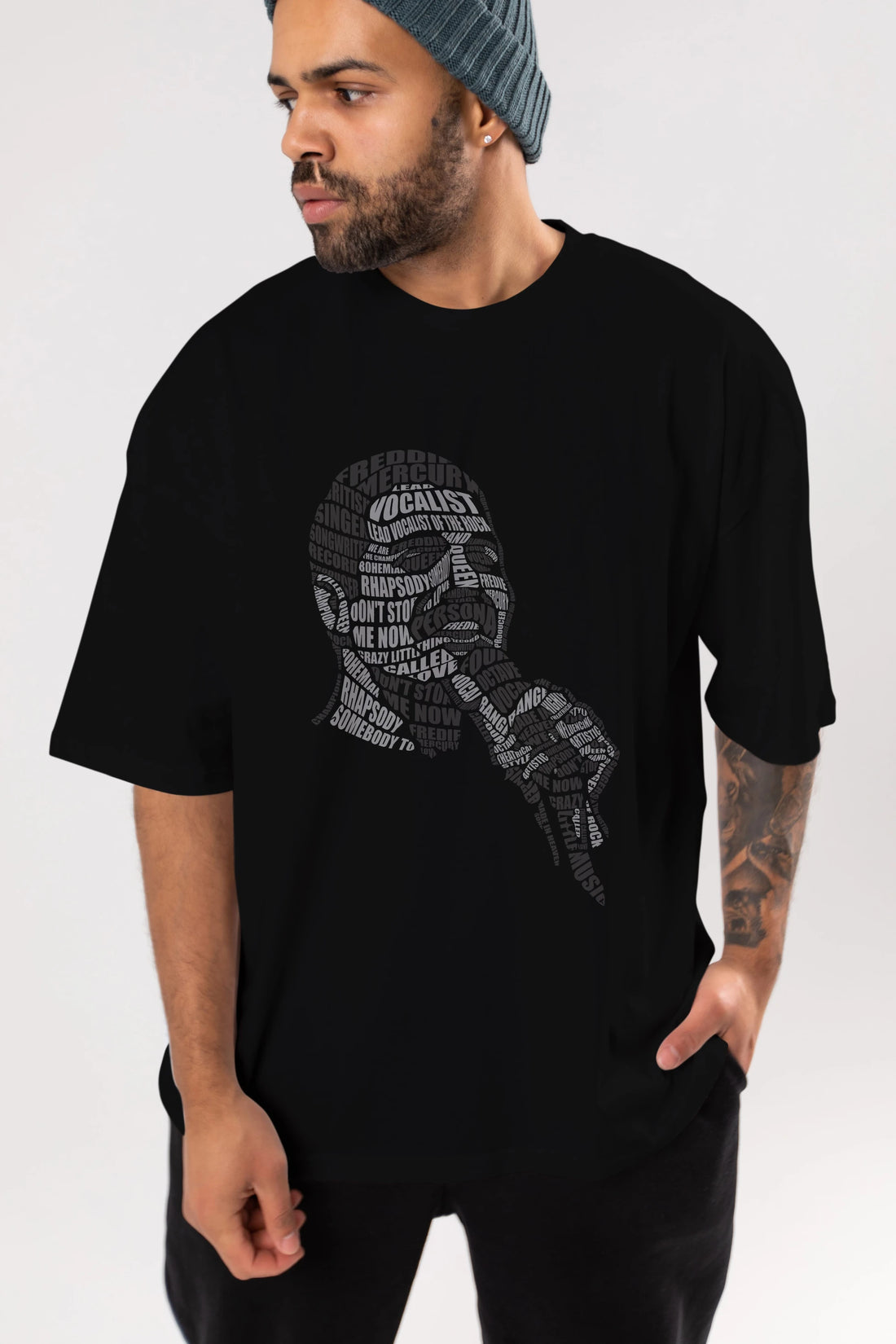 Freddy Mercuri Calligram Ön Baskılı Oversize t-shirt %100 pamuk Erkek Kadın Unisex