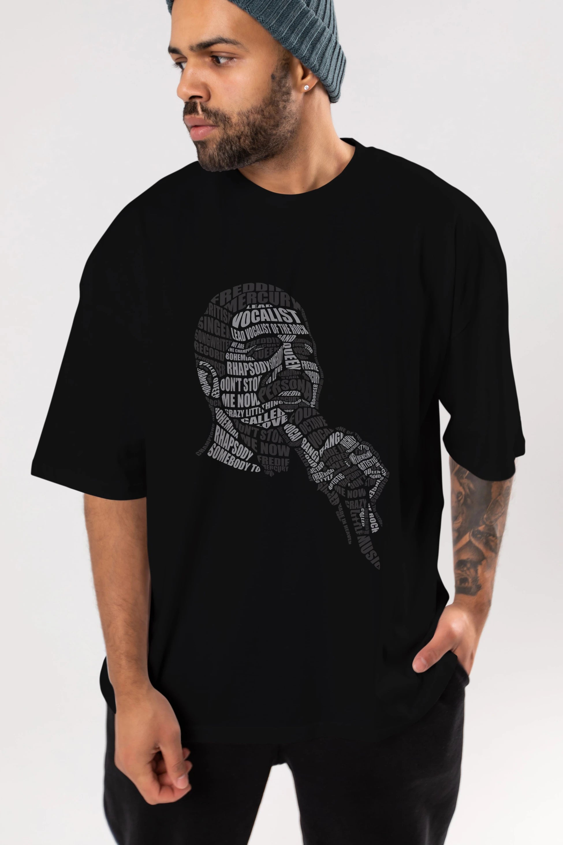 Freddy Mercuri Calligram Ön Baskılı Oversize t-shirt %100 pamuk Erkek Kadın Unisex