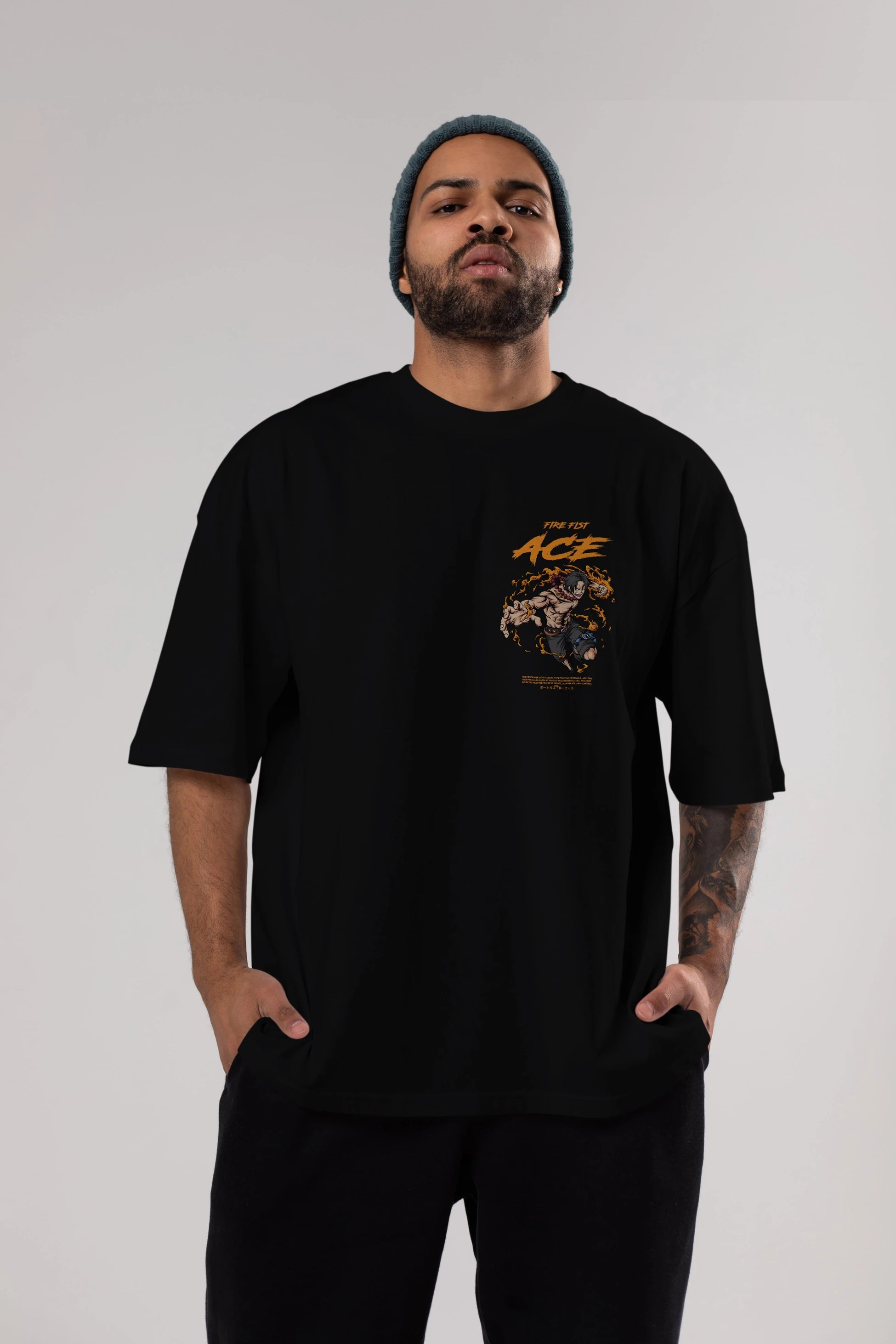 Fire Fist Ace Ön Sol Baskılı Oversize t-shirt Erkek Kadın Unisex %100 Pamuk Bisiklet Yaka tişort