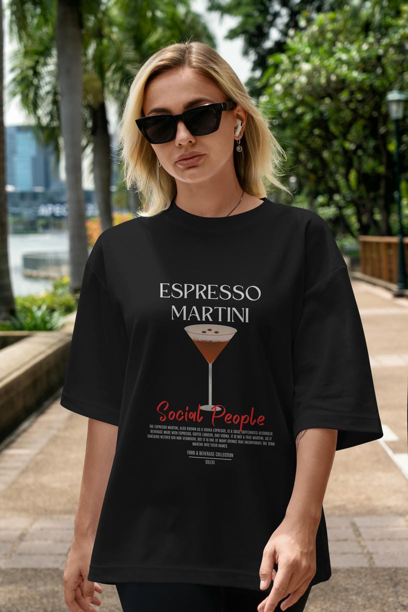 Espresso Martını Kokteyl Serisi ön Baskılı Oversize t-shirt Erkek Kadın %100 Pamuk Bisiklet Yaka tişort