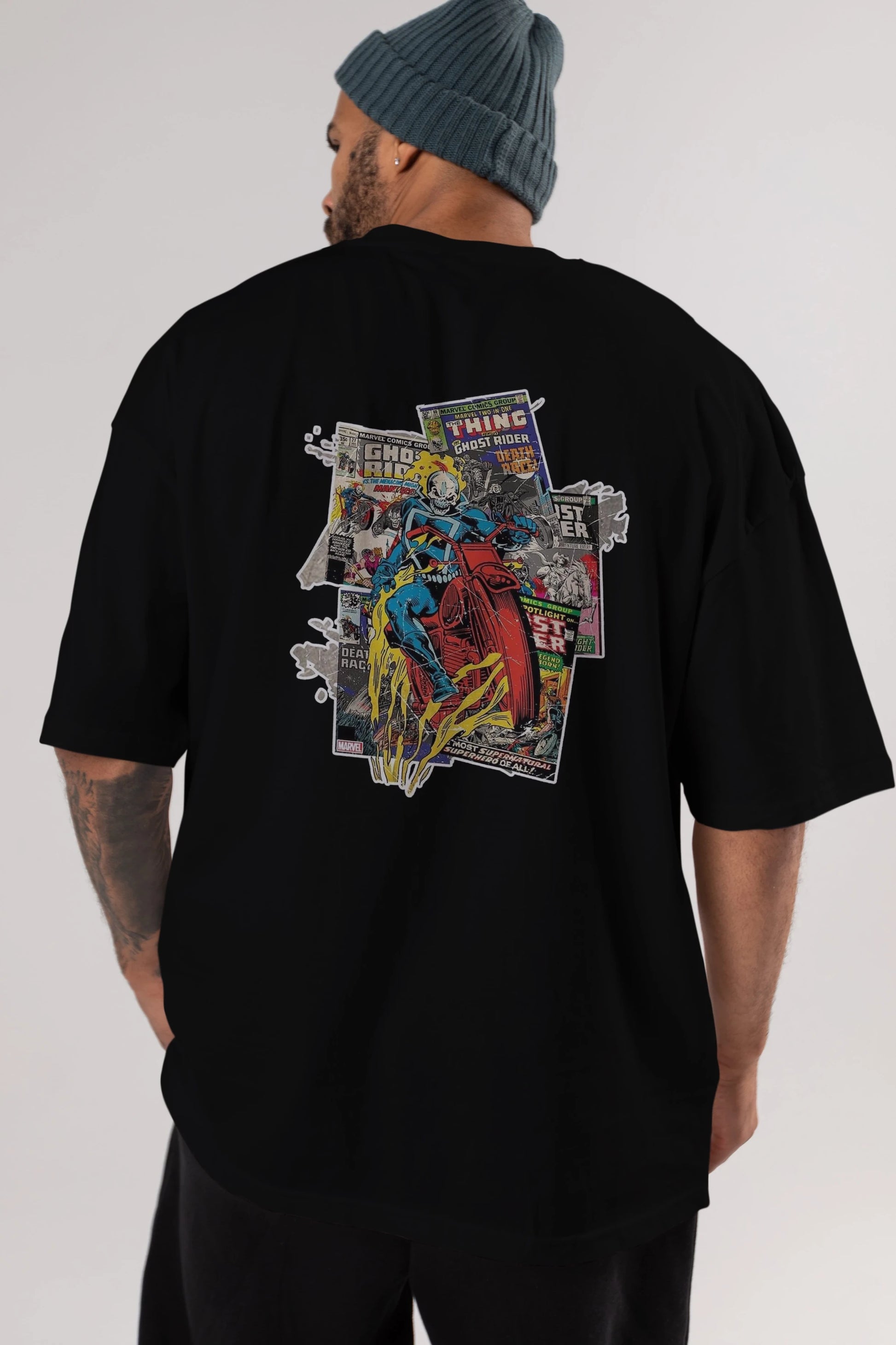 Ghost Rider Arka Baskılı Oversize t-shirt Erkek Kadın Unisex %100 Pamuk Bisiklet Yaka tişort
