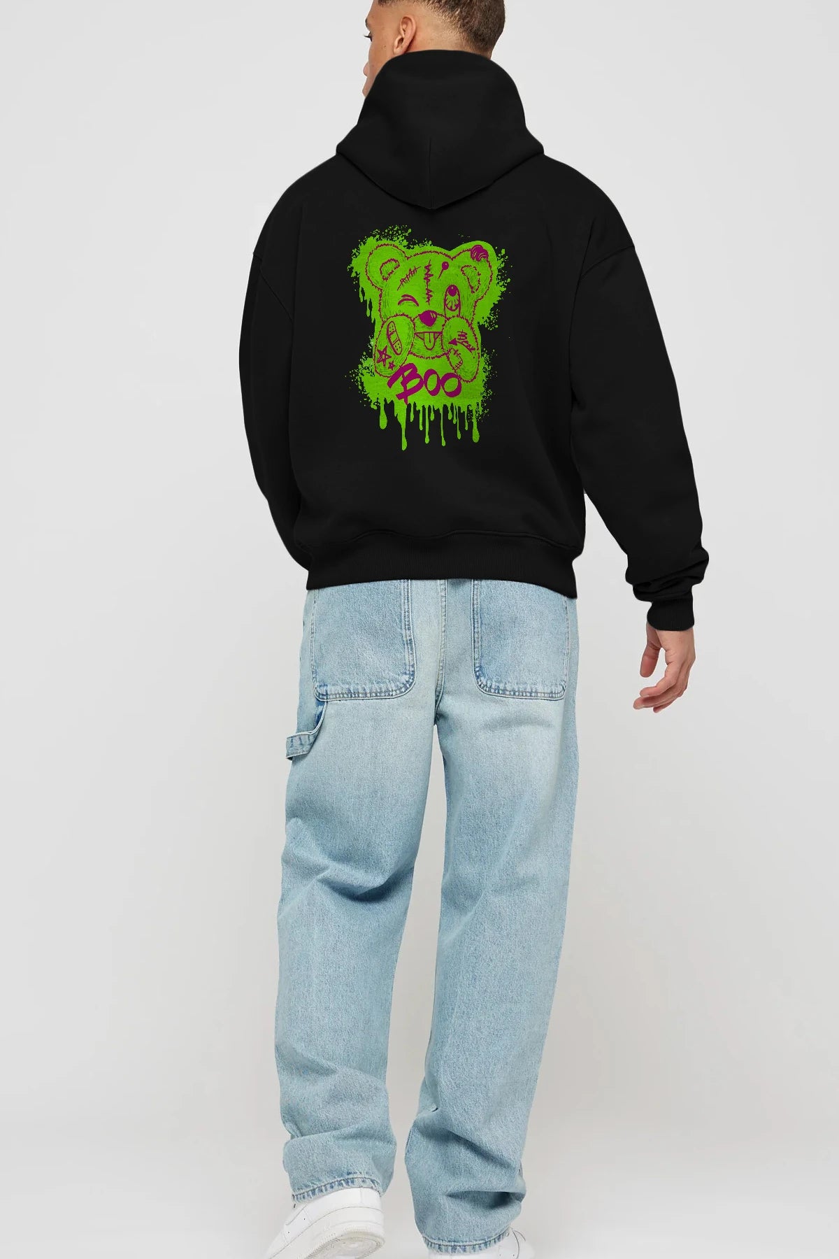 Boo  Bear Arka Baskılı Hoodie Oversize Kapüşonlu Sweatshirt Erkek Kadın Unisex