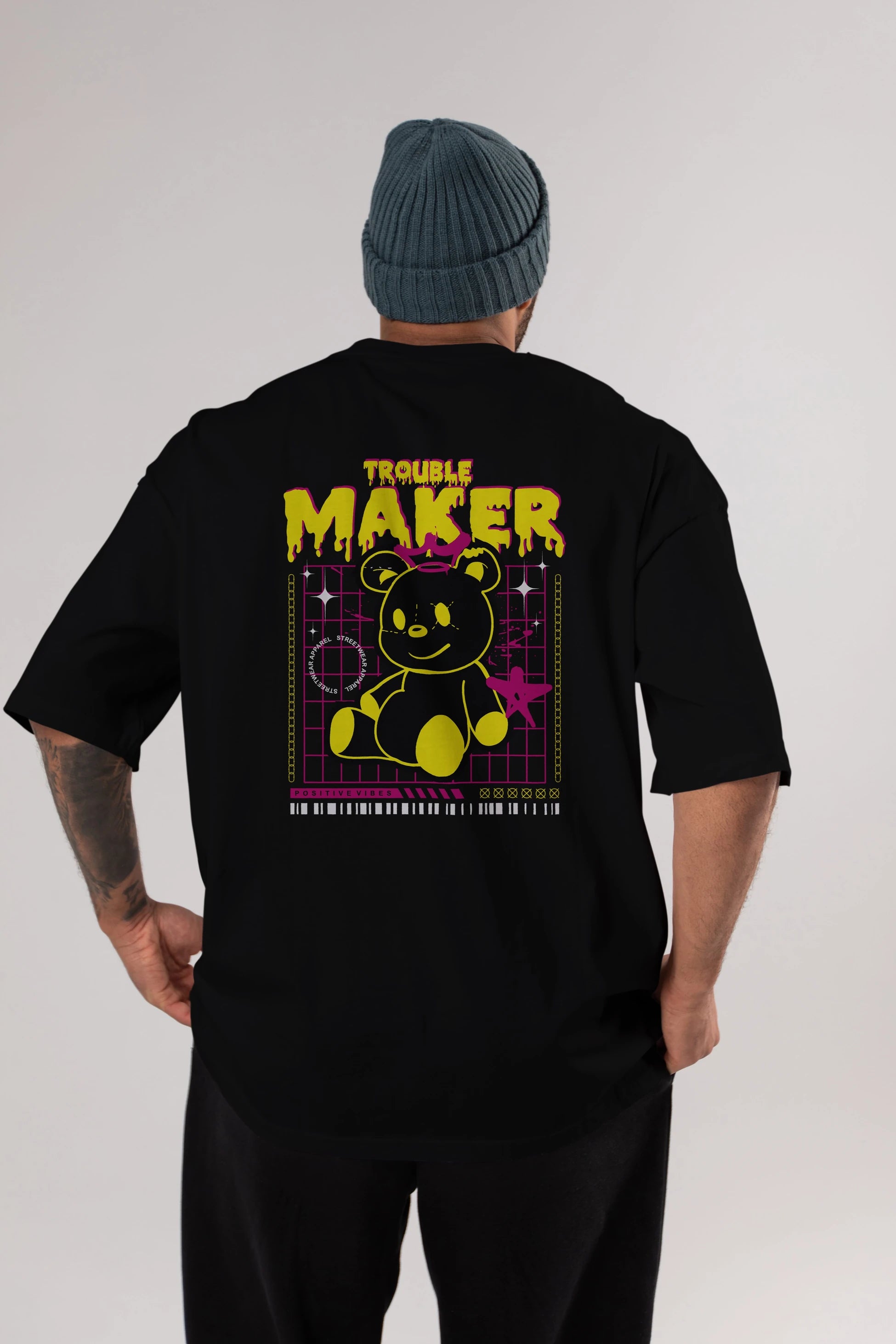 Teddy Bear Trouble Maker Arka Baskılı Oversize t-shirt Erkek Kadın Unisex