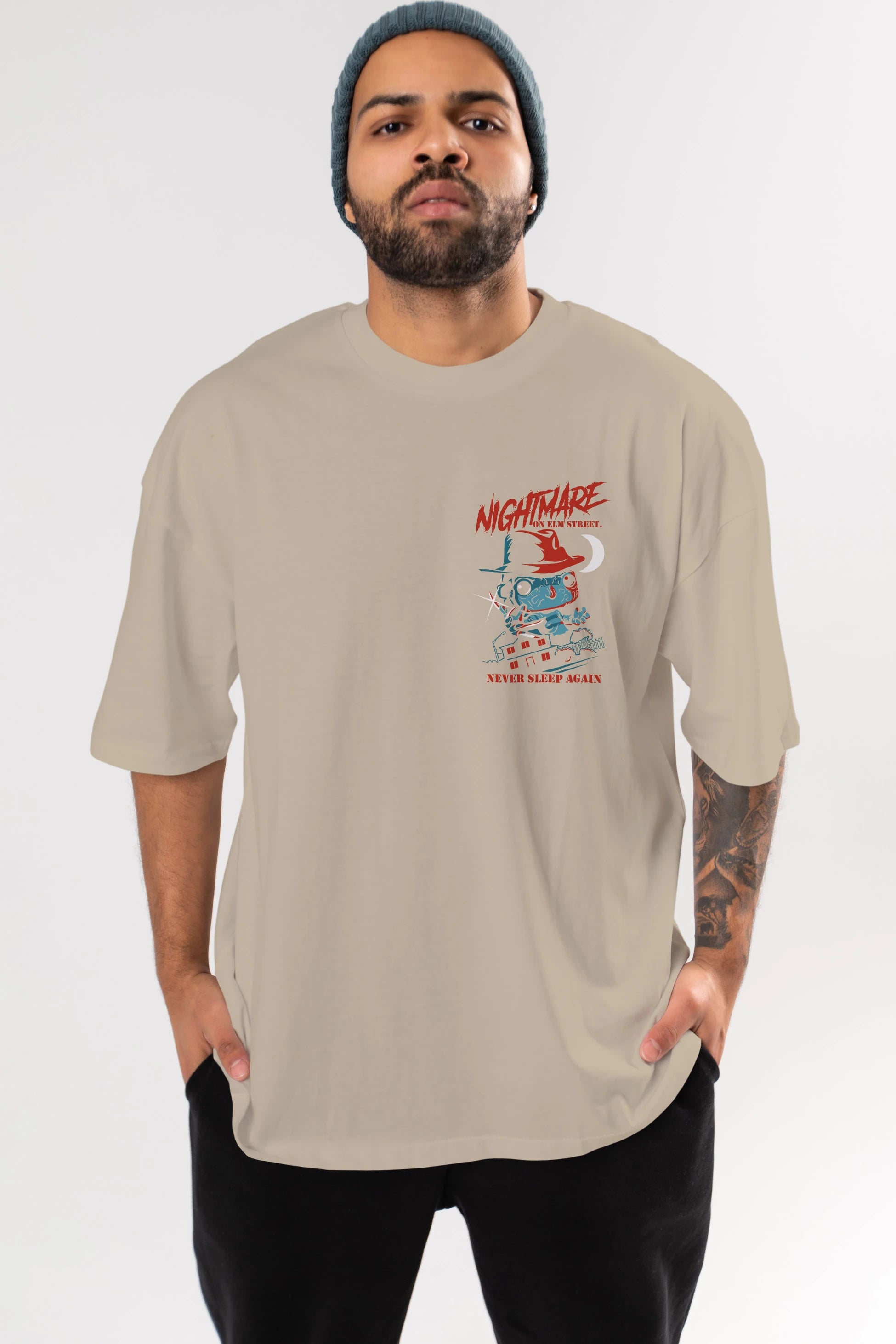 Nightmare Elm Sokağı Ön Sol Baskılı Oversize t-shirt Erkek Kadın Unisex %100 Pamuk Bisiklet Yaka tişort