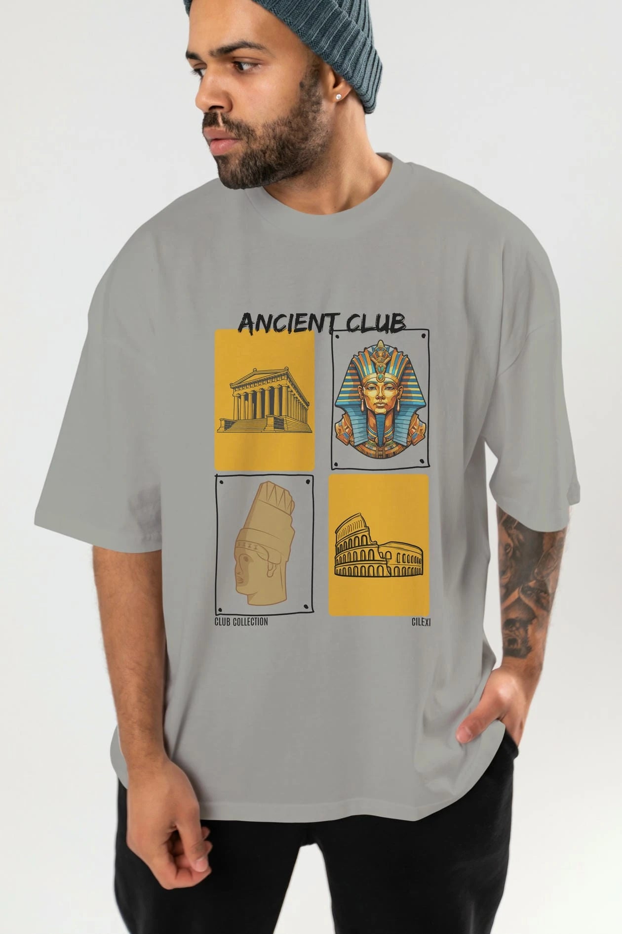 Ancient Club ön Baskılı Oversize t-shirt Erkek Kadın %100 Pamuk Bisiklet Yaka tişort