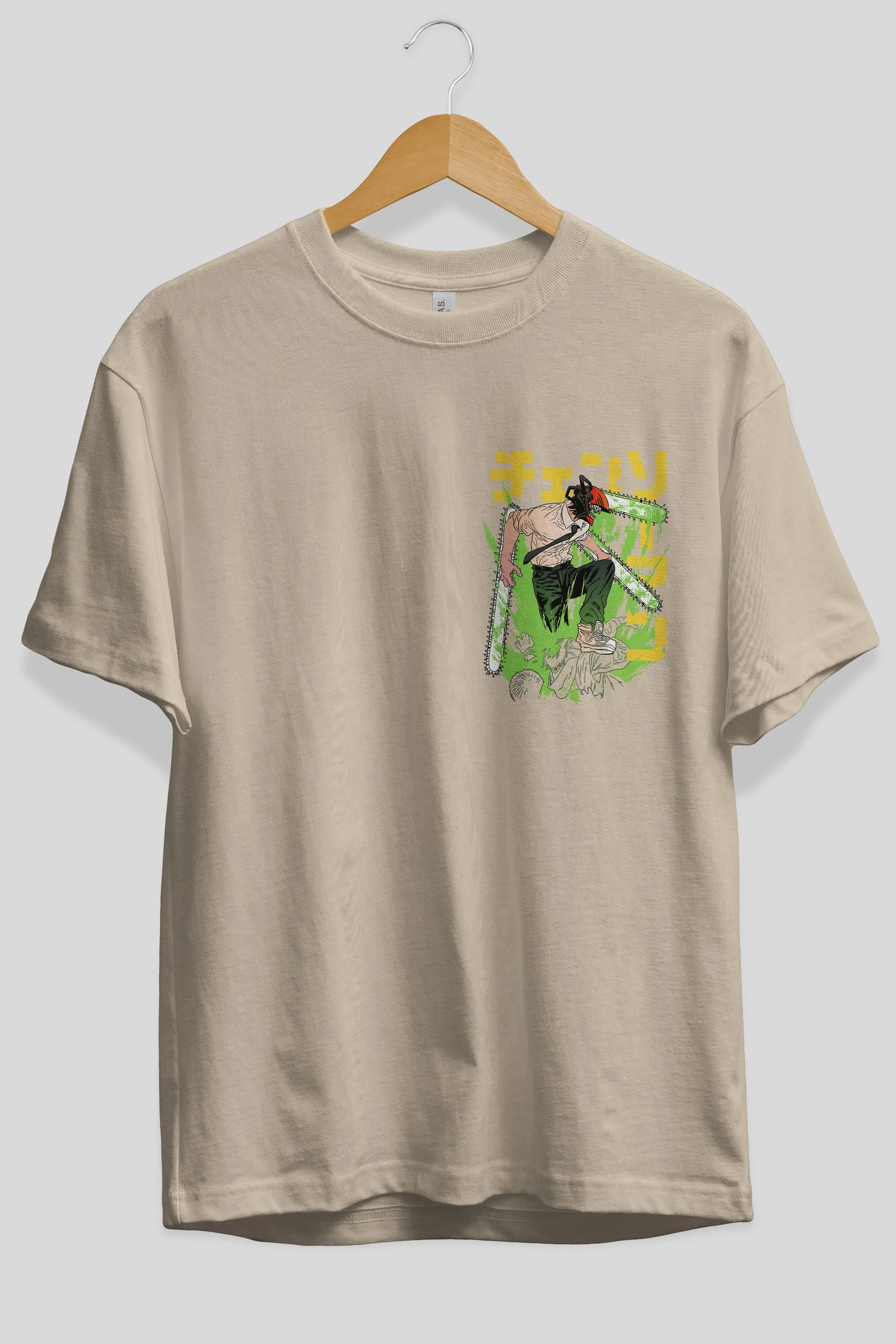 CHAINSAWMAN DENJI Ön Sol Baskılı Oversize t-shirt Erkek Kadın Unisex %100 Pamuk Bisiklet Yaka tişort