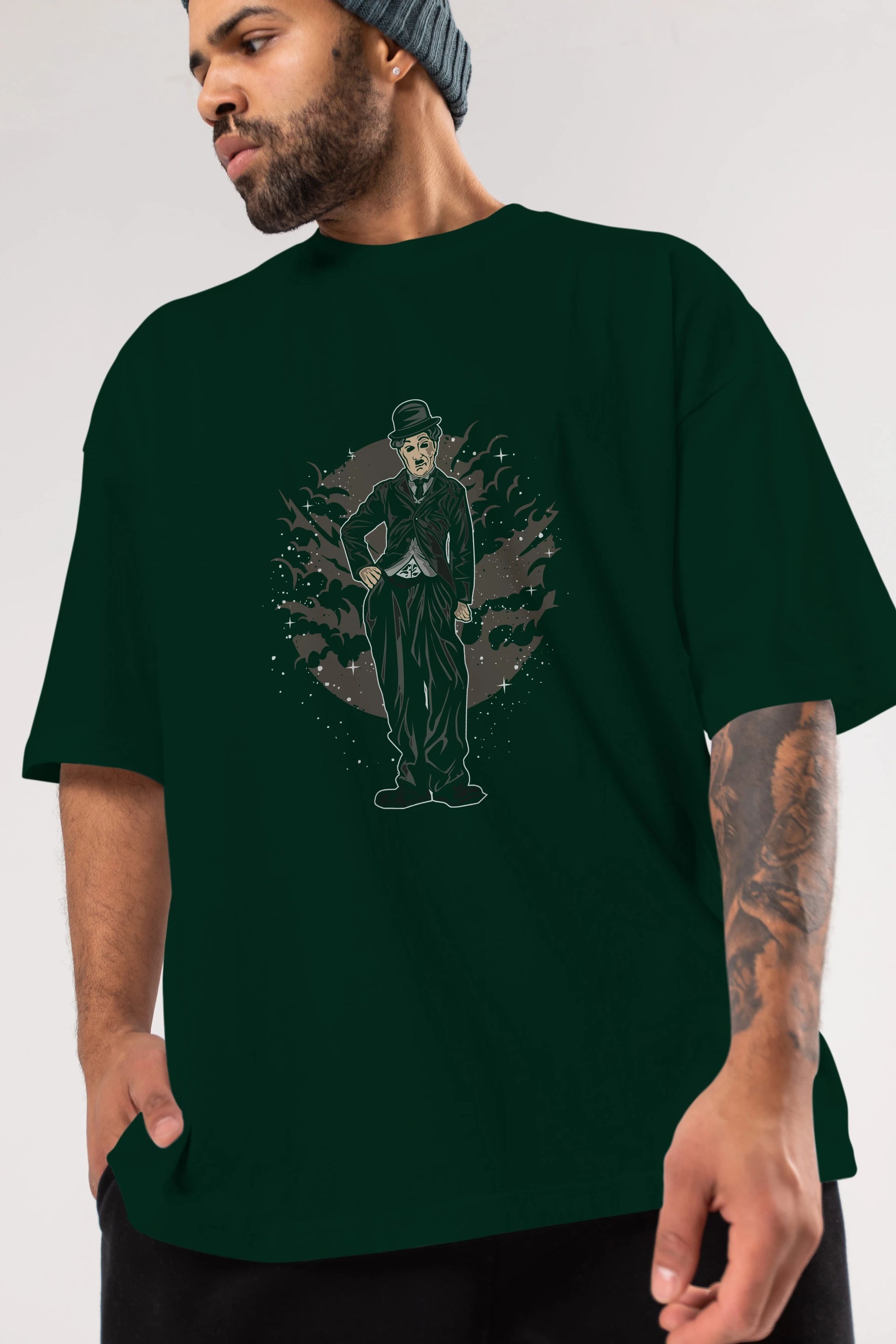 CHAPLIN Ön Baskılı Oversize t-shirt Erkek Kadın Unisex %100 Pamuk tişort