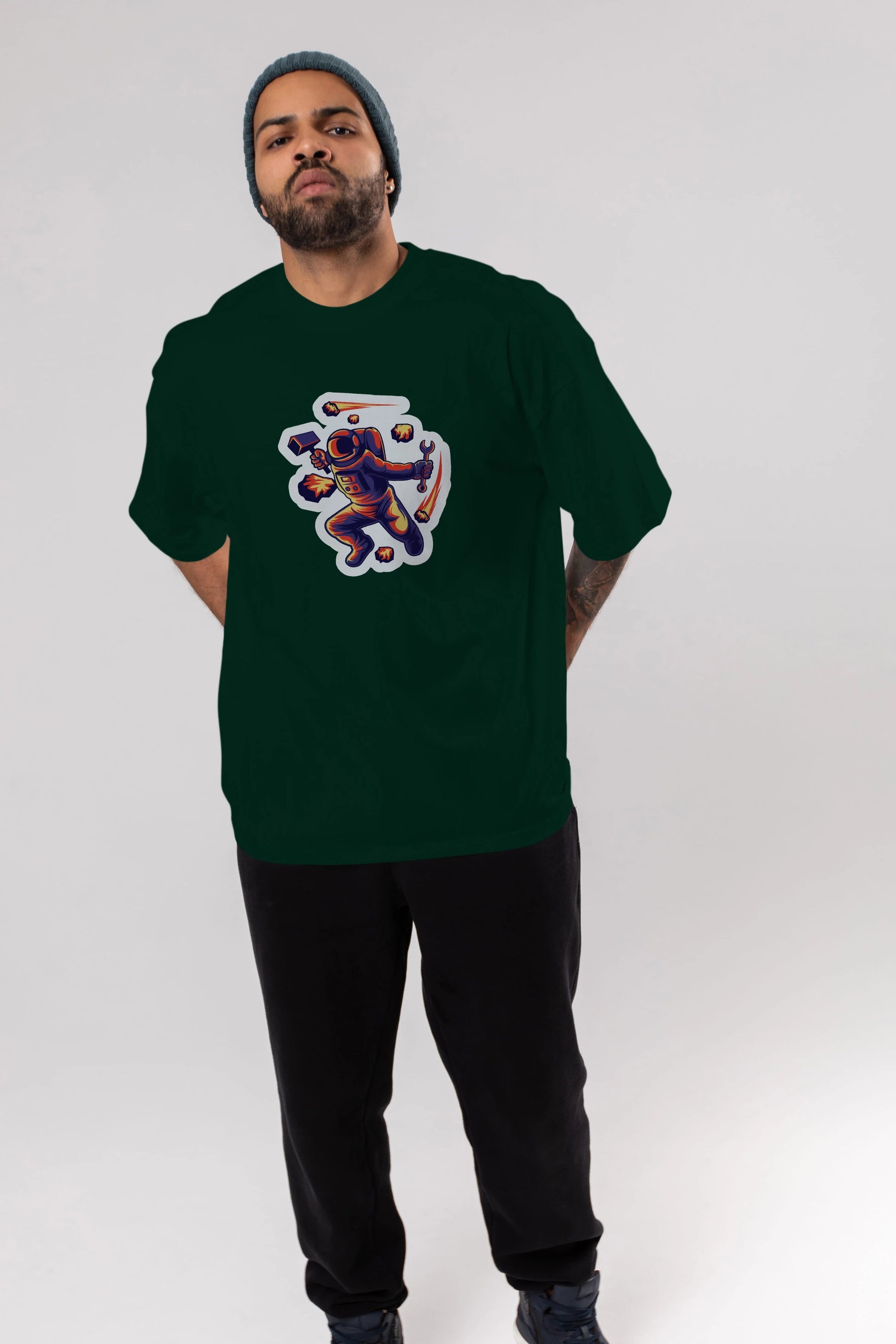 Astronaut Block Meteor Sticker Ön Baskılı Oversize t-shirt Erkek Kadın Unisex