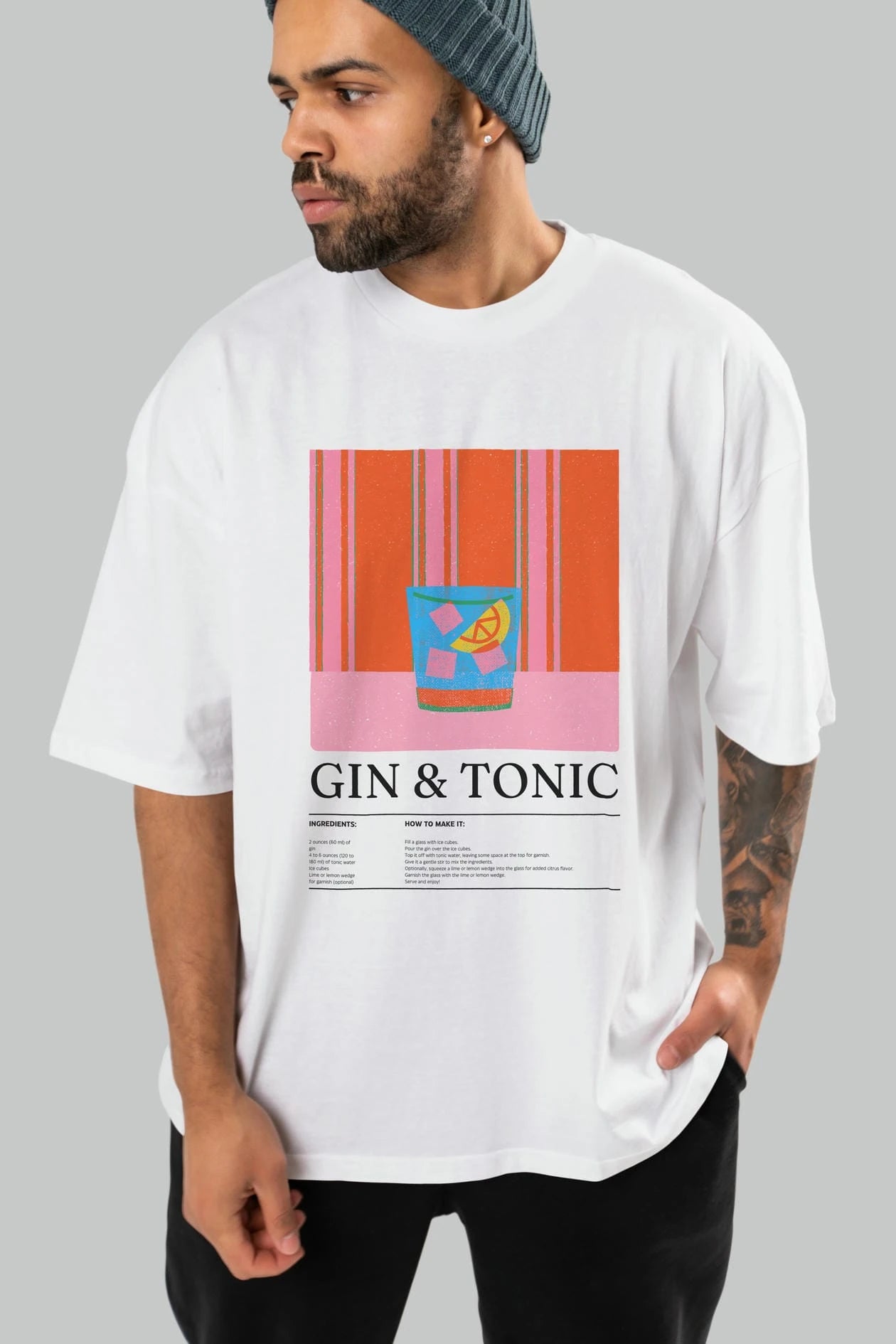 Gin tonic Kokteyl Ön Baskılı Oversize t-shirt Erkek Kadın %100 Pamuk Bisiklet Yaka tişort
