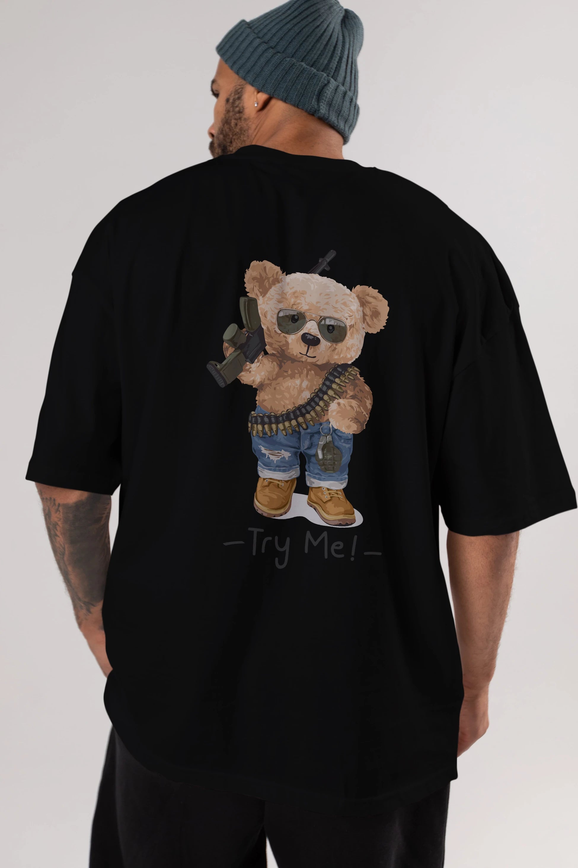 Teddy Bear Try Me Arka Baskılı Oversize t-shirt Erkek Kadın Unisex %100 Pamuk