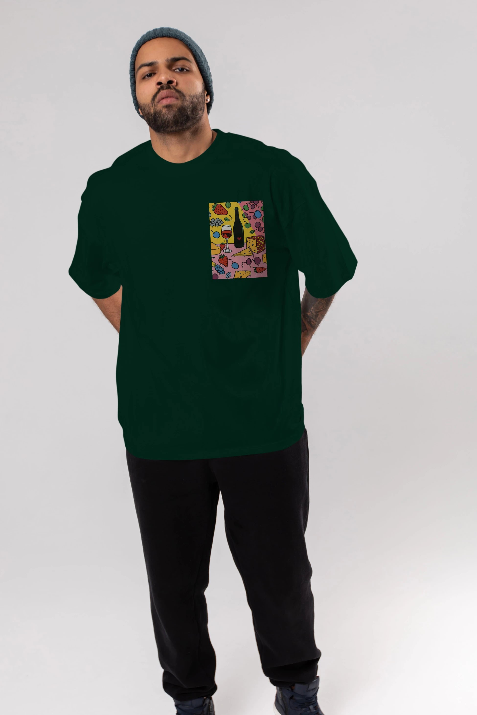 Wine Cheese Fruits Ön Sol Baskılı Oversize t-shirt Erkek Kadın Unisex %100 Pamuk Bisiklet Yaka tişort