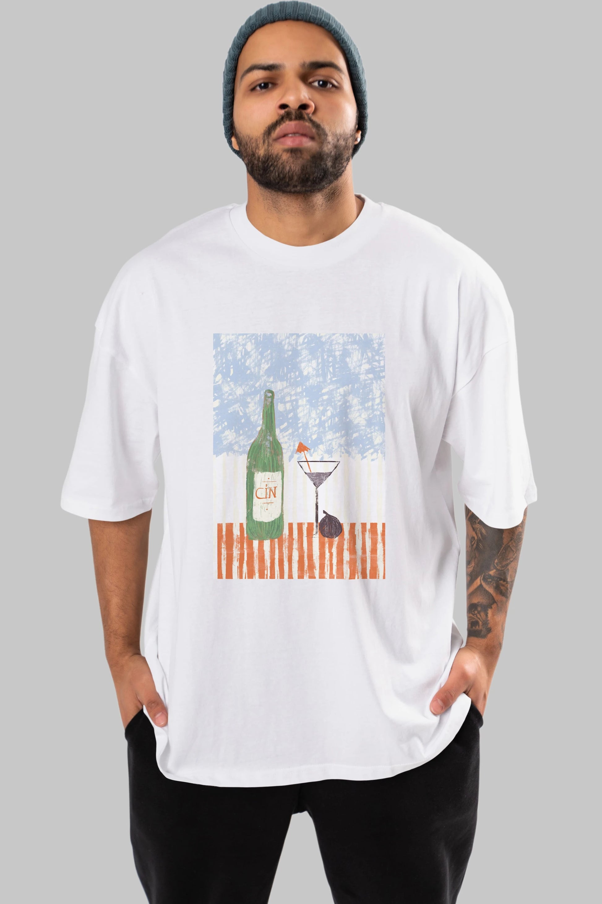 Gin Ön Baskılı Oversize t-shirt Erkek Kadın Unisex %100 Pamuk Bisiklet Yaka tişort