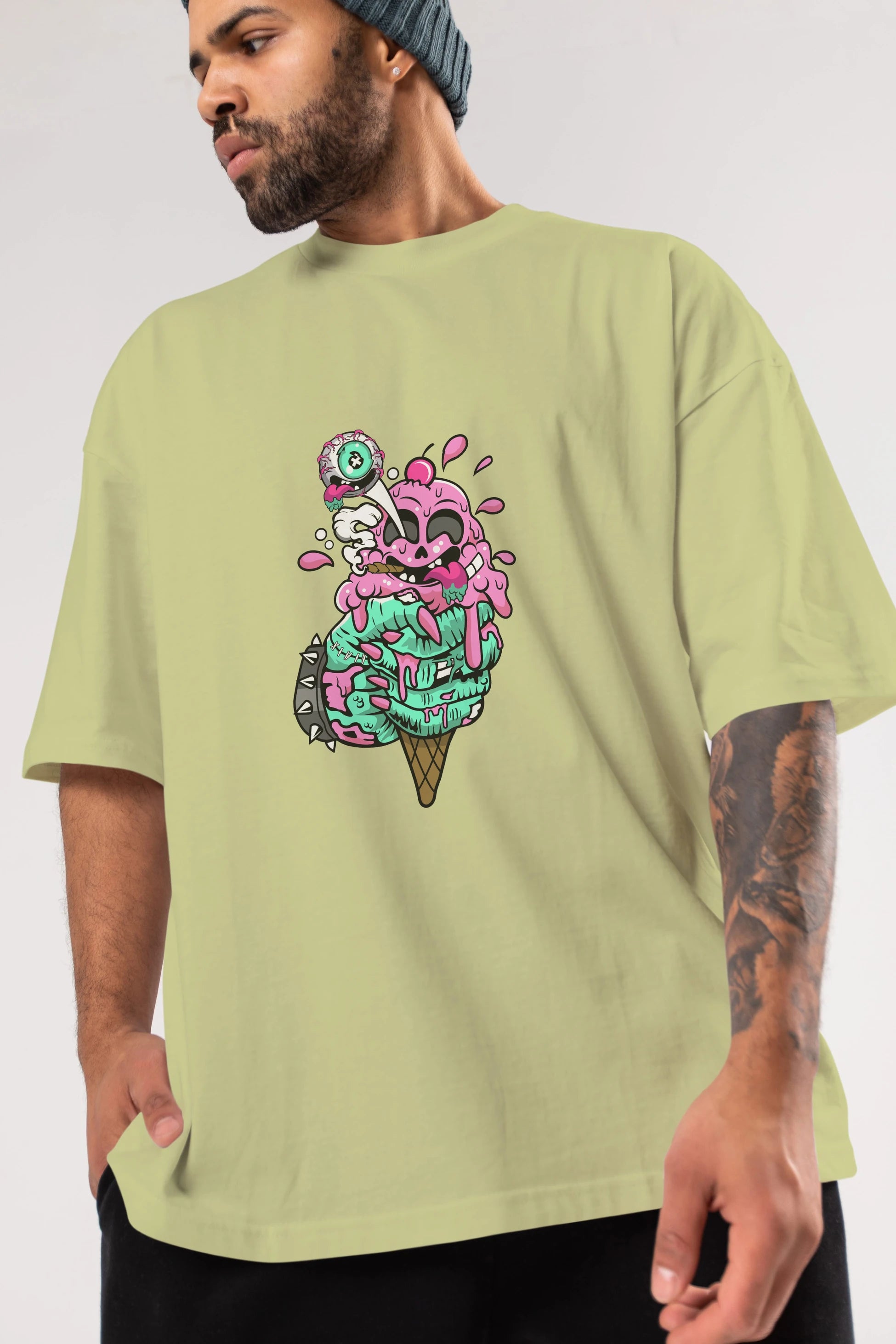 Ice Cream Zombie Ön Baskılı Oversize t-shirt Erkek Kadın Unisex %100 Pamuk tişort