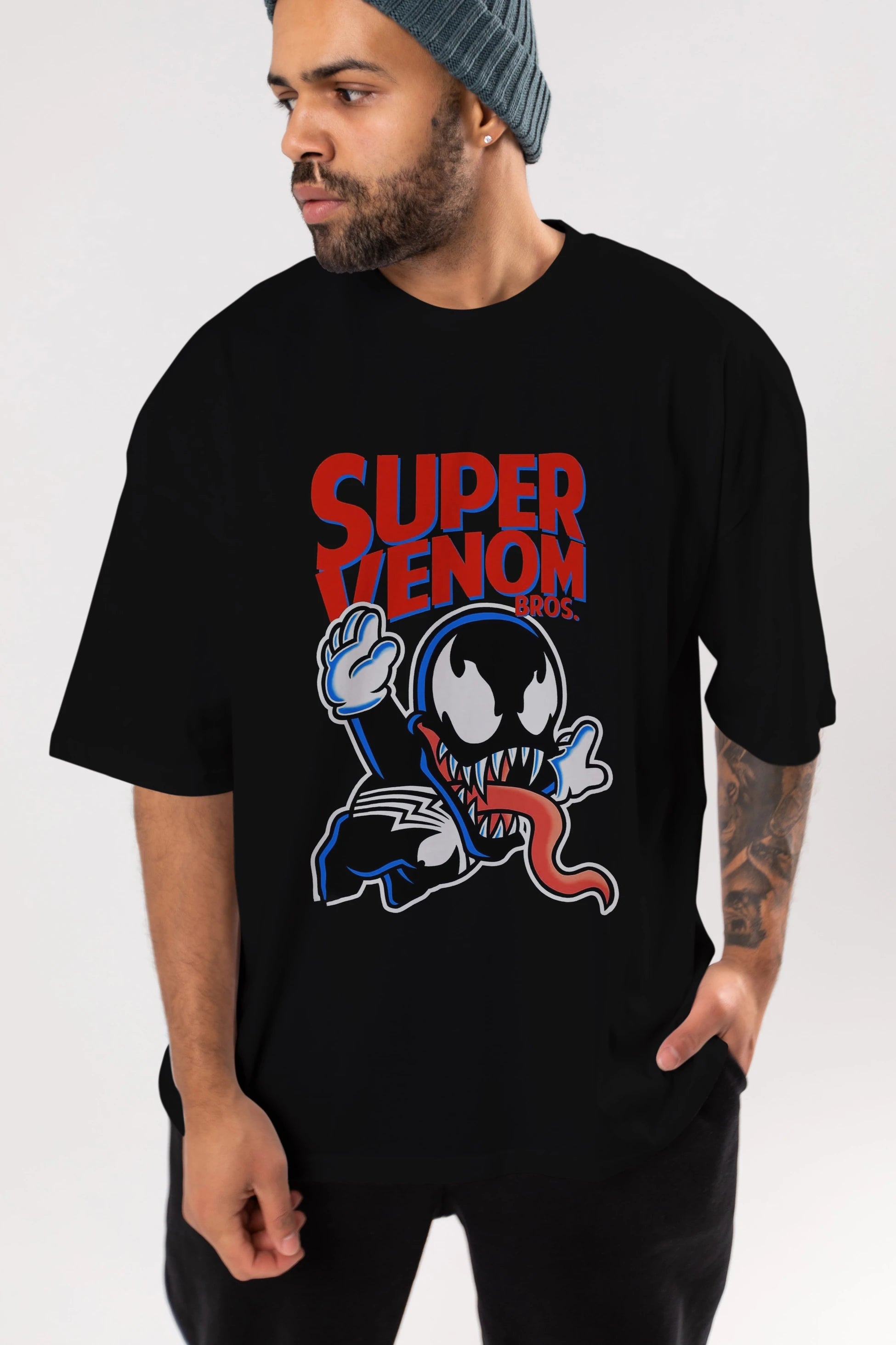 Super Venom Ön Baskılı Oversize t-shirt Erkek Kadın Unisex %100 Pamuk Bisiklet Yaka tişort